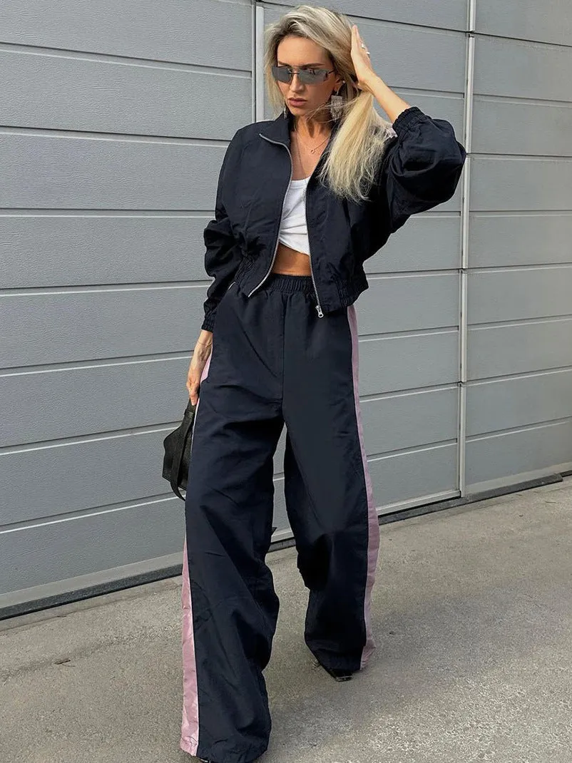 Sporty Contrast Side Stripe Two-Piece Jacket and Wide-Leg Trousers Set