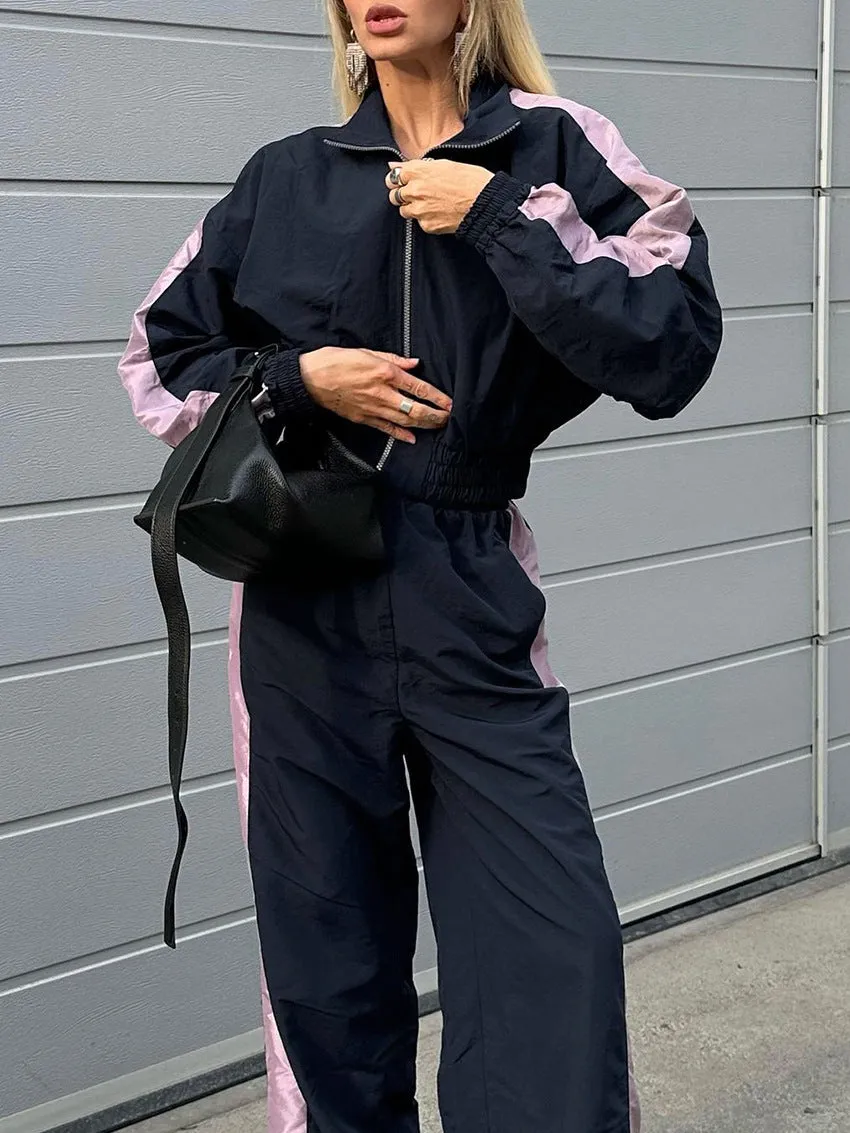 Sporty Contrast Side Stripe Two-Piece Jacket and Wide-Leg Trousers Set