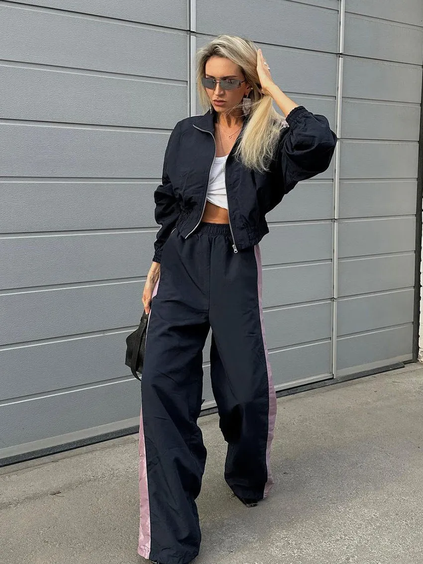 Sporty Contrast Side Stripe Two-Piece Jacket and Wide-Leg Trousers Set