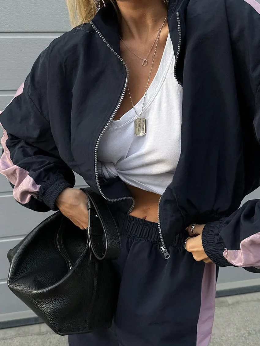 Sporty Contrast Side Stripe Two-Piece Jacket and Wide-Leg Trousers Set