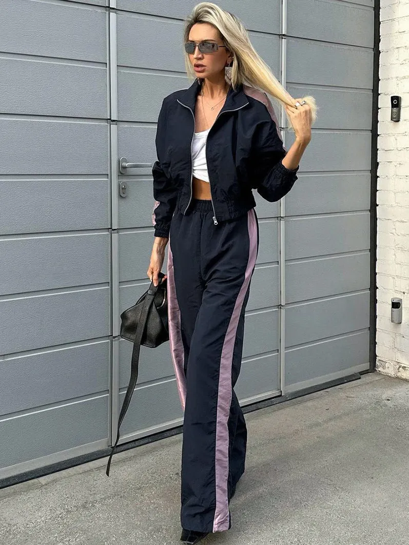Sporty Contrast Side Stripe Two-Piece Jacket and Wide-Leg Trousers Set
