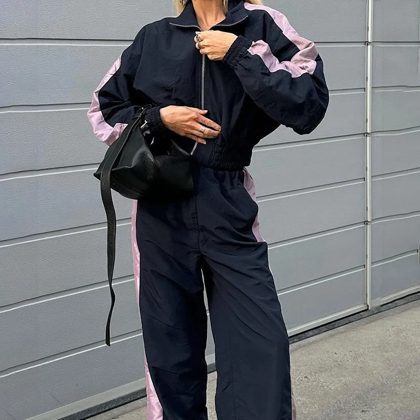 Sporty Contrast Side Stripe Two-Piece Jacket and Wide-Leg Trousers Set