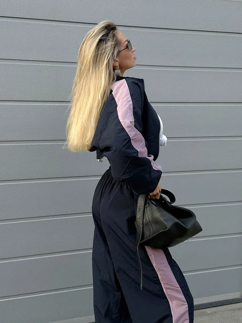 Sporty Contrast Side Stripe Two-Piece Jacket and Wide-Leg Trousers Set