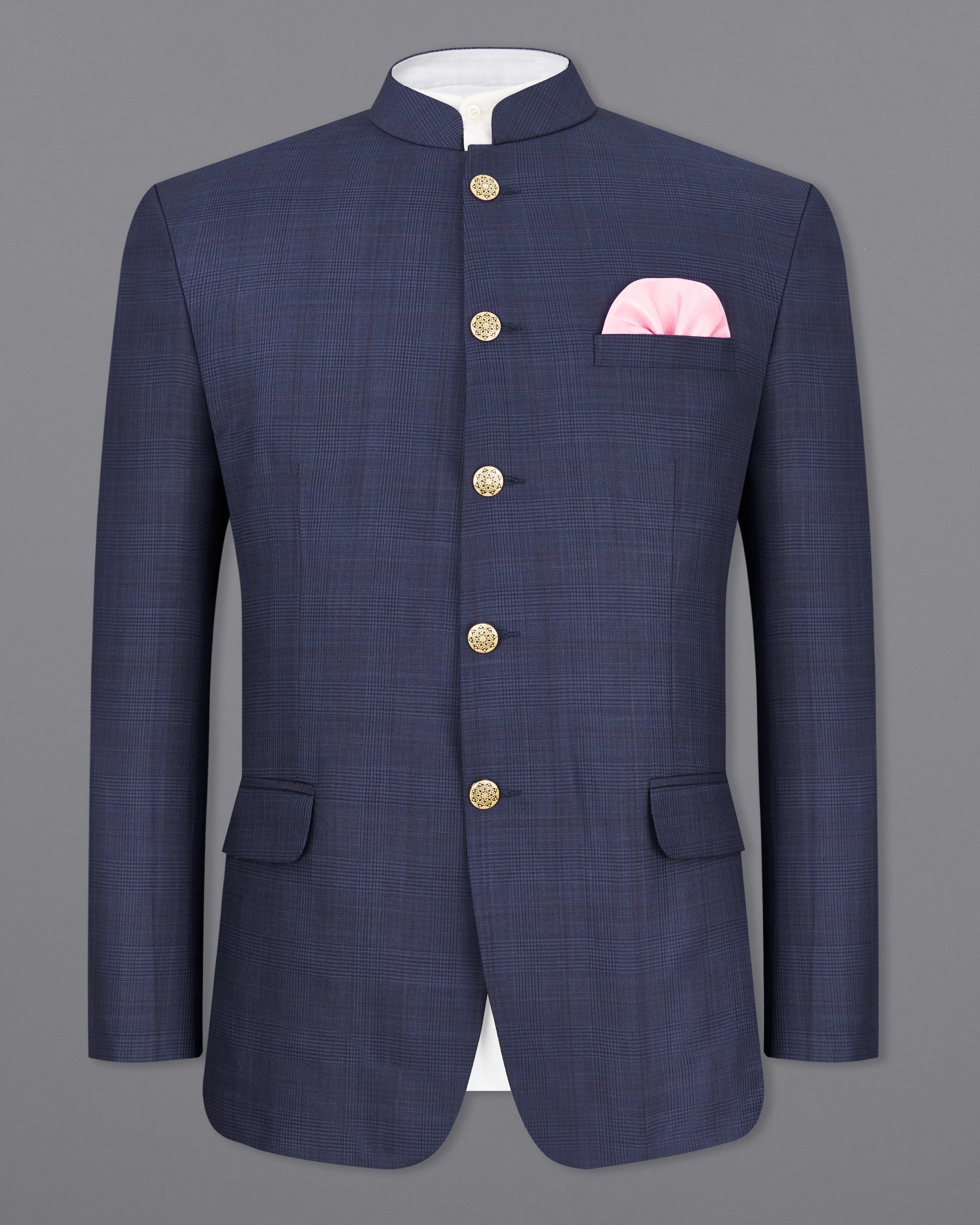 Spruce Blue Subtle Plaid Bandhgala Blazer