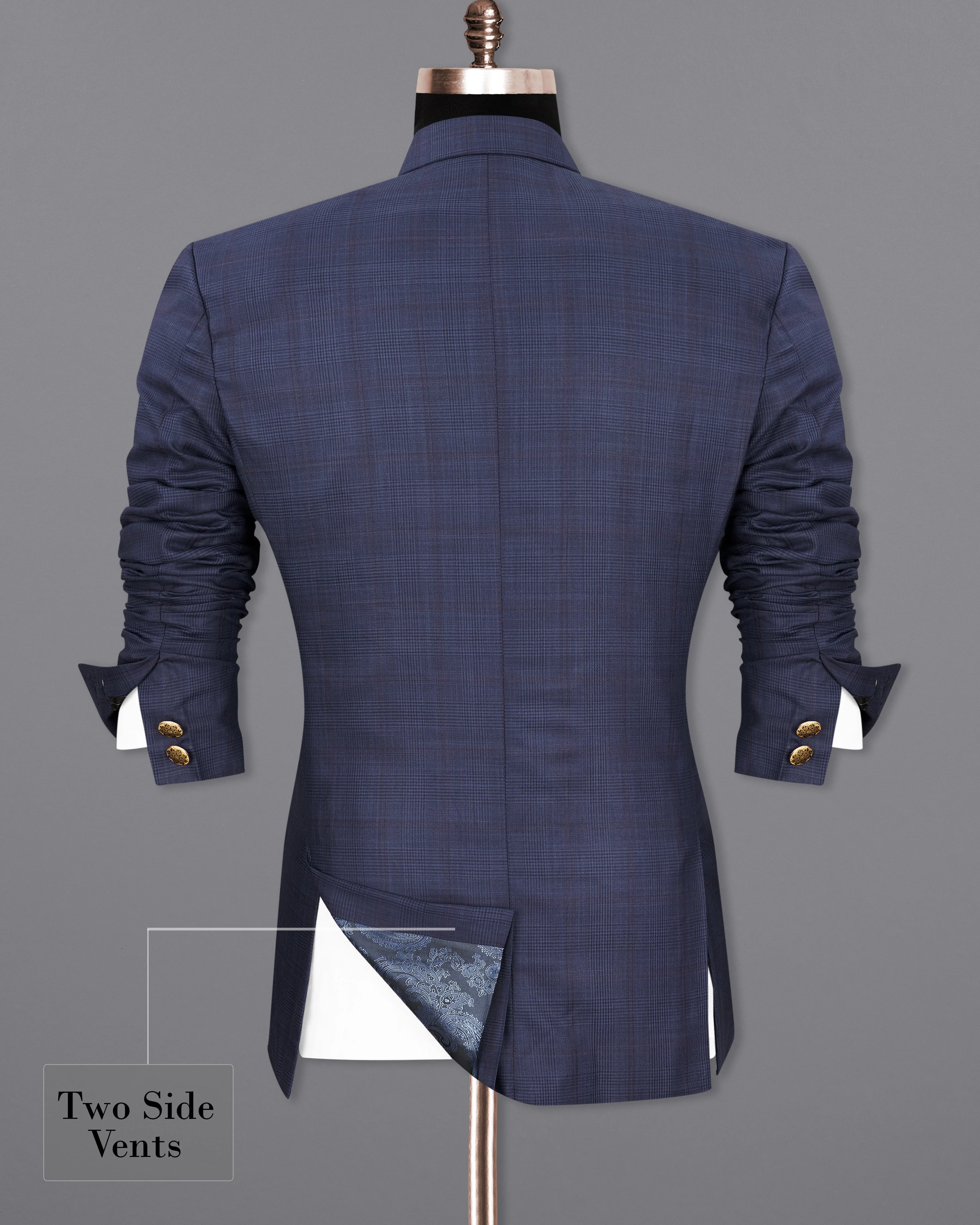 Spruce Blue Subtle Plaid Bandhgala Blazer
