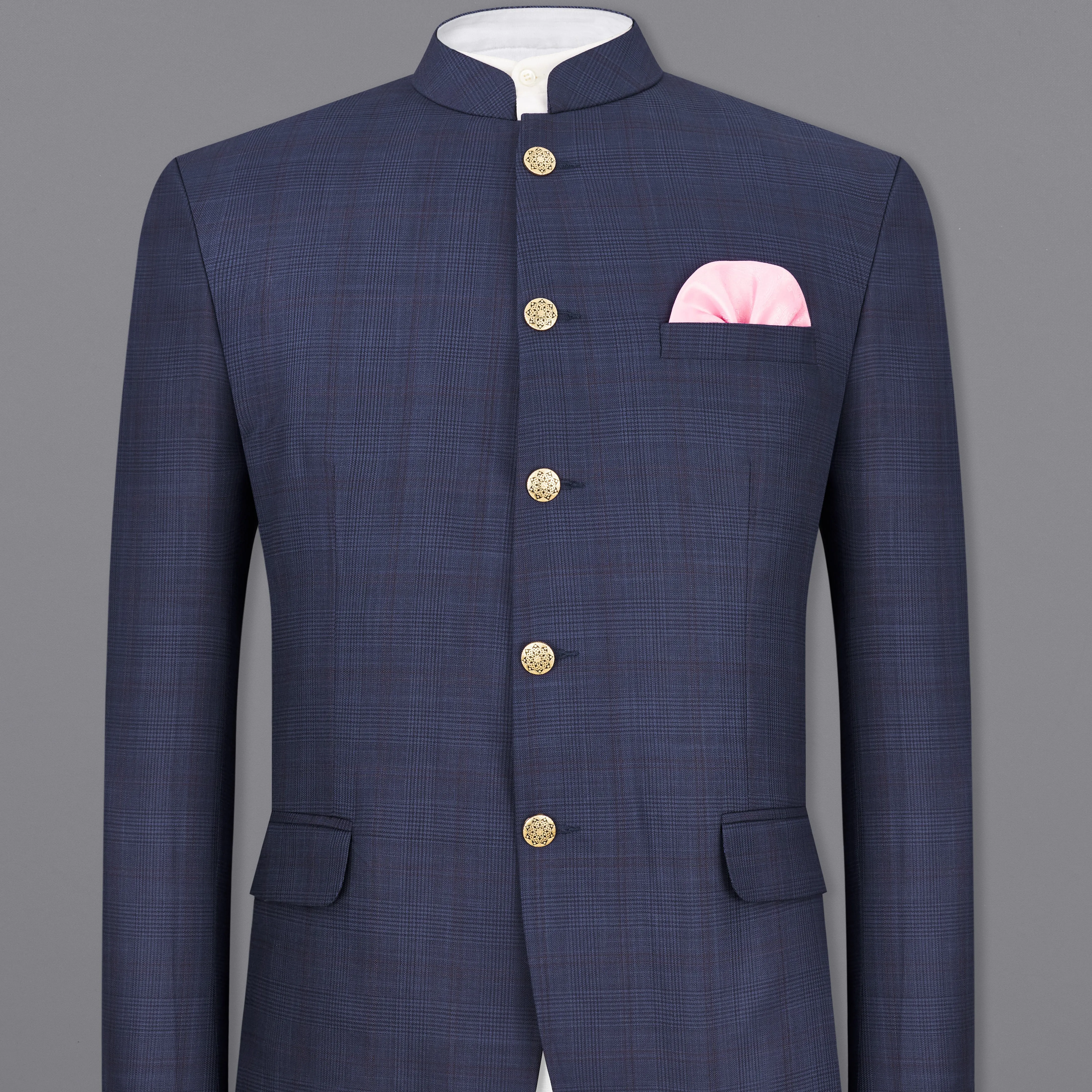 Spruce Blue Subtle Plaid Bandhgala Blazer