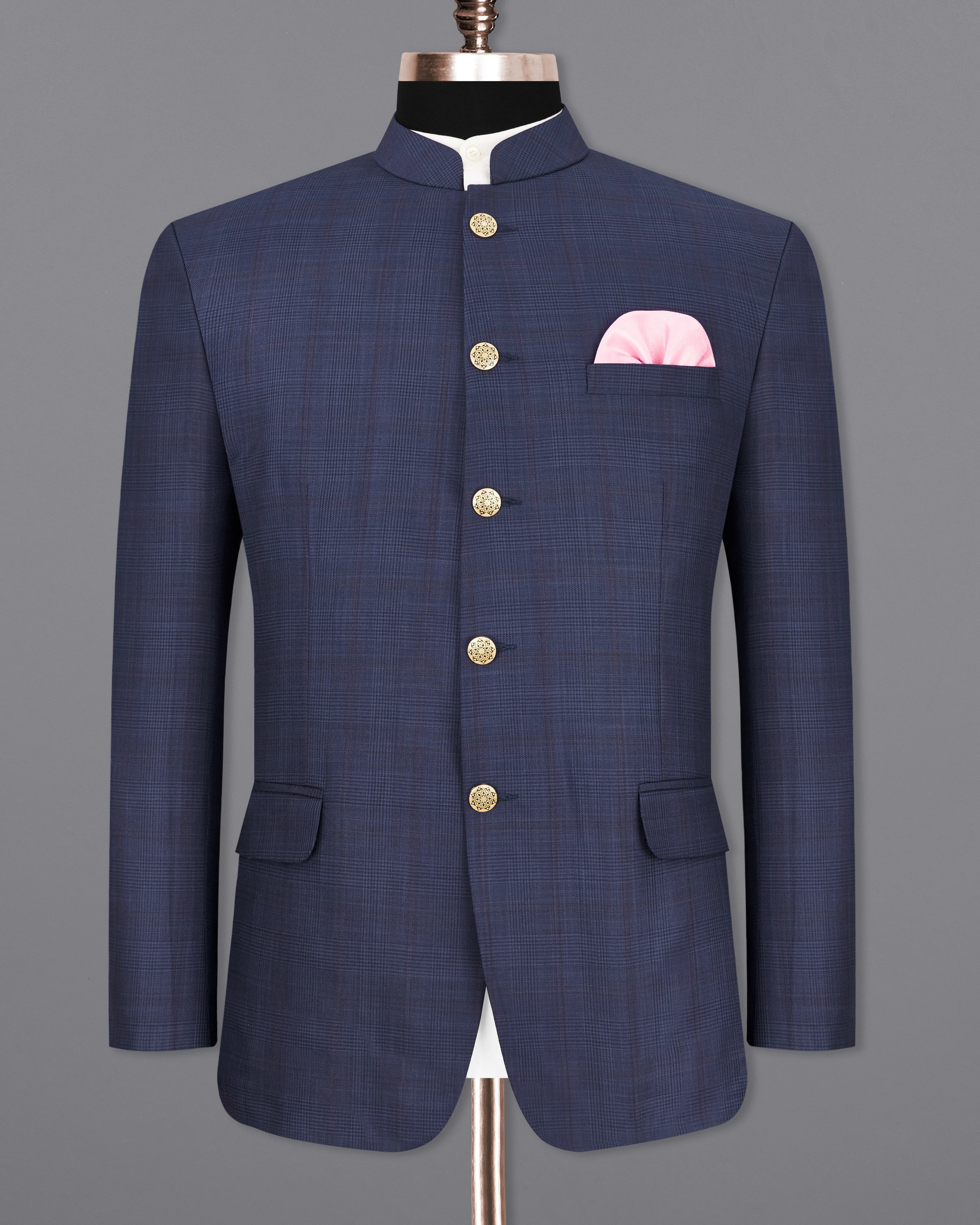 Spruce Blue Subtle Plaid Bandhgala Blazer