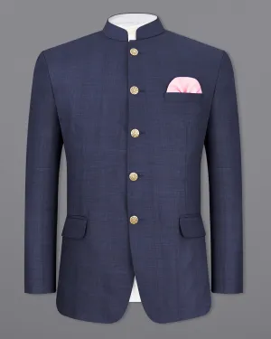 Spruce Blue Subtle Plaid Bandhgala Blazer