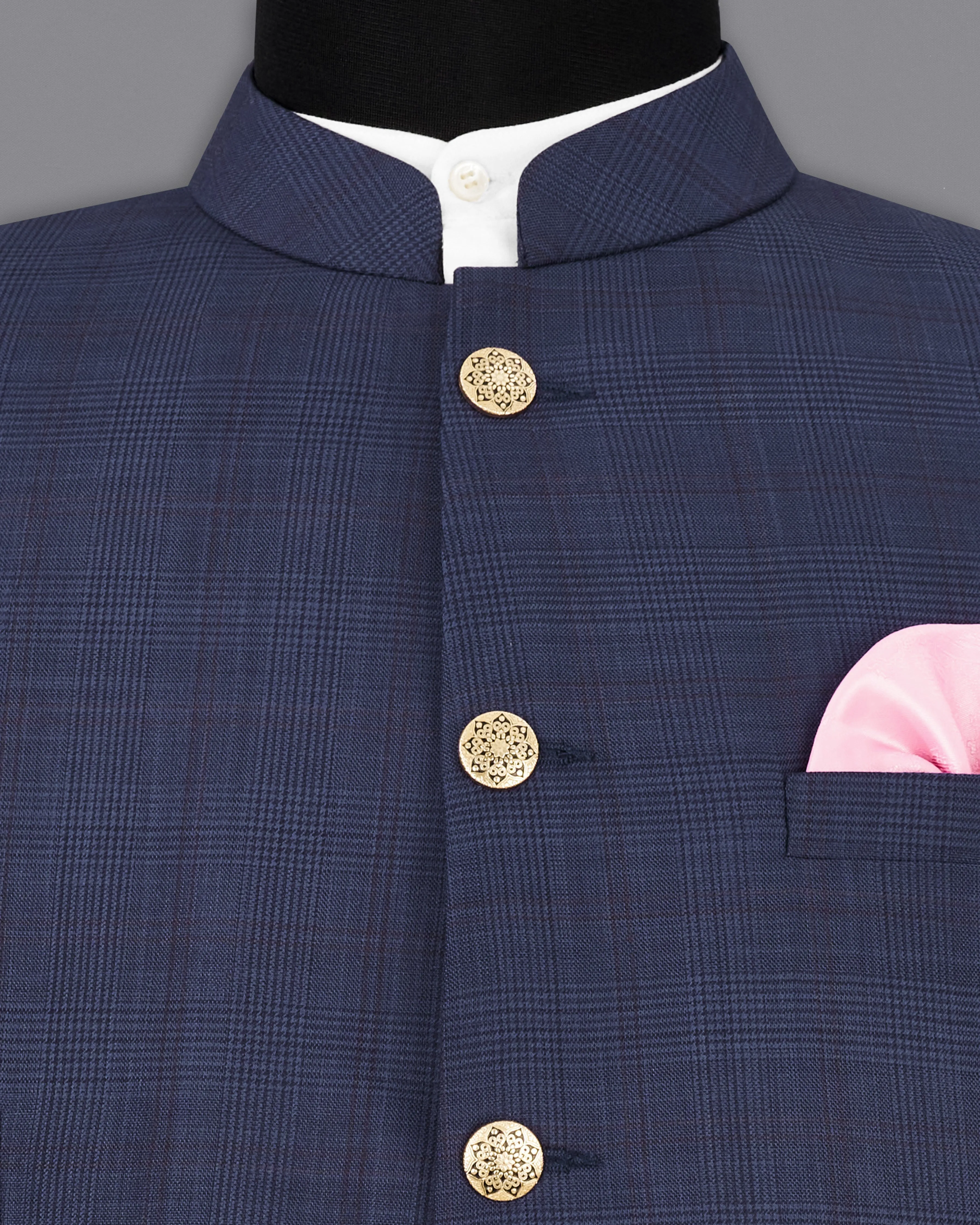 Spruce Blue Subtle Plaid Bandhgala Blazer