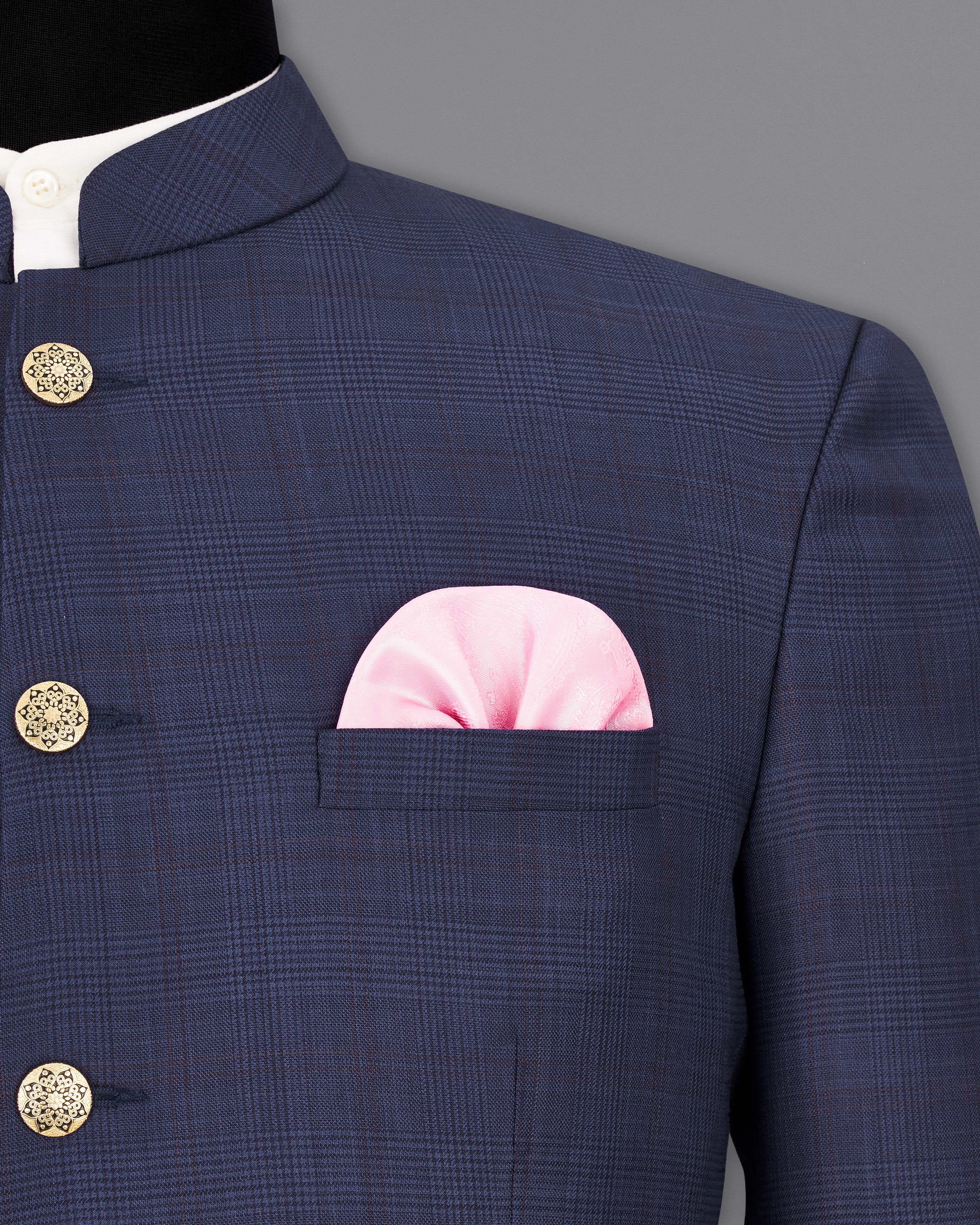 Spruce Blue Subtle Plaid Bandhgala Blazer