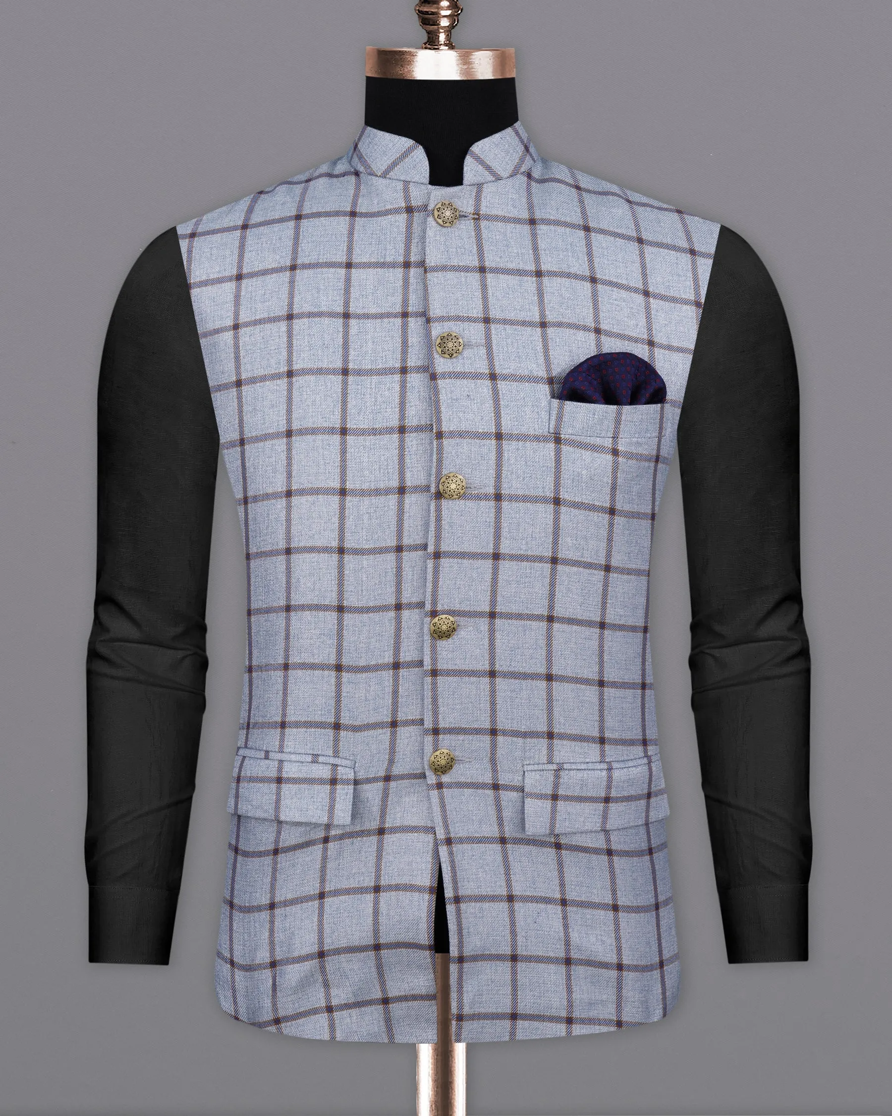 Spun Pearl Gray Checkered Bandhgala Nehru Jacket