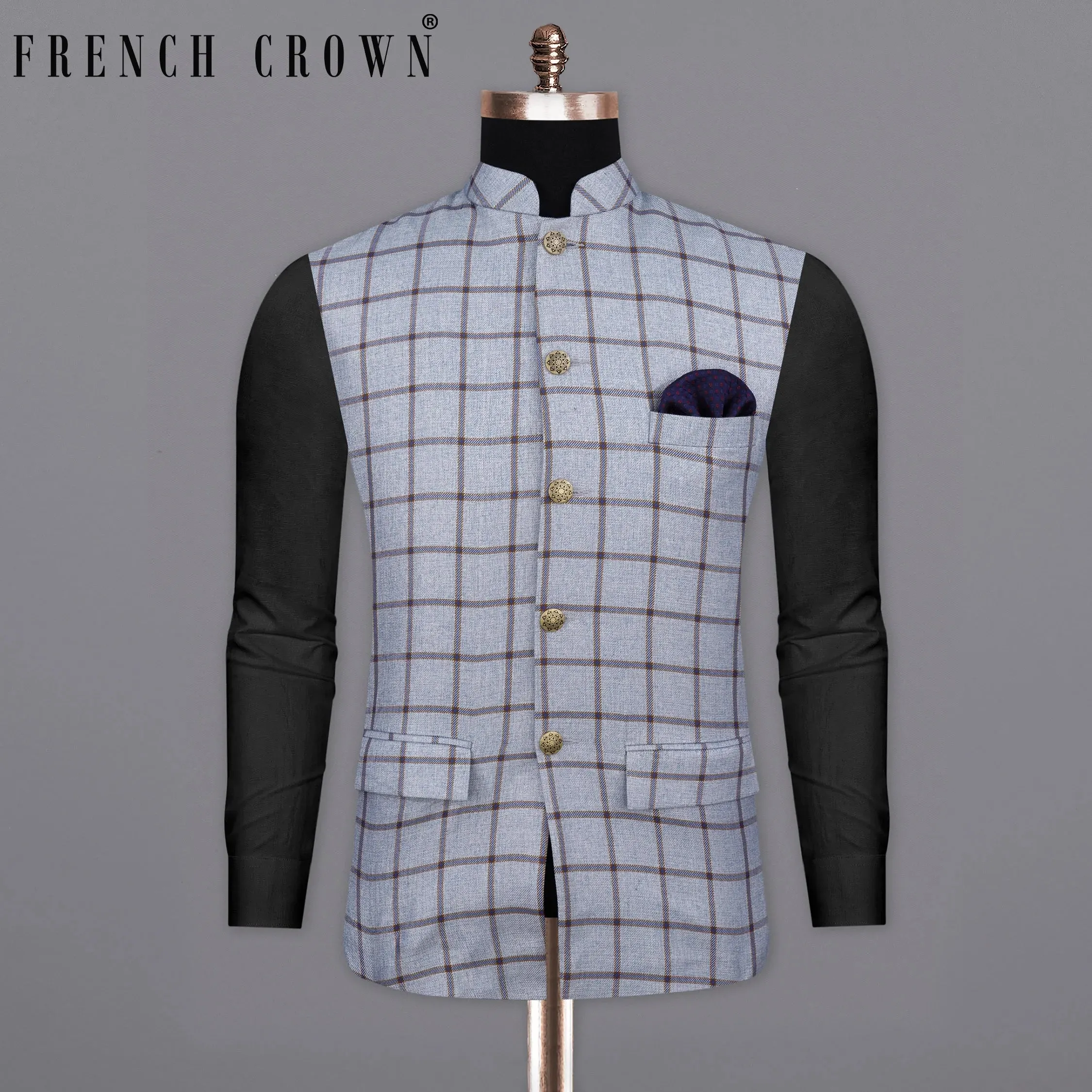 Spun Pearl Gray Checkered Bandhgala Nehru Jacket