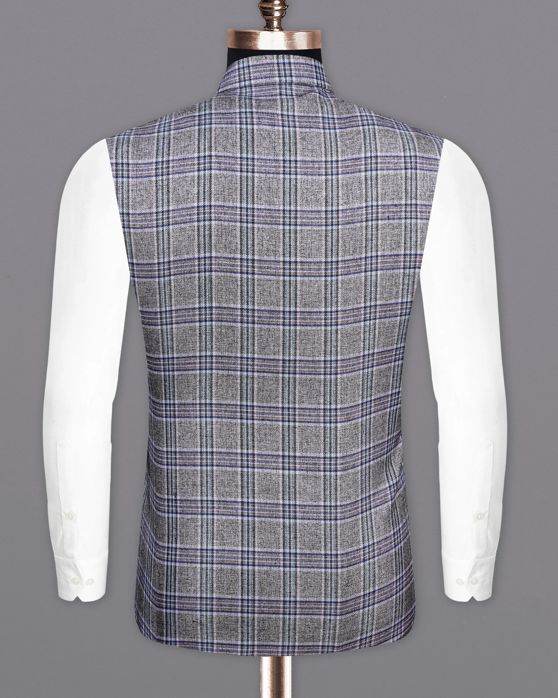 StarDust Gray with Martinique Blue Plaid Bandhgala Nehru Jacket