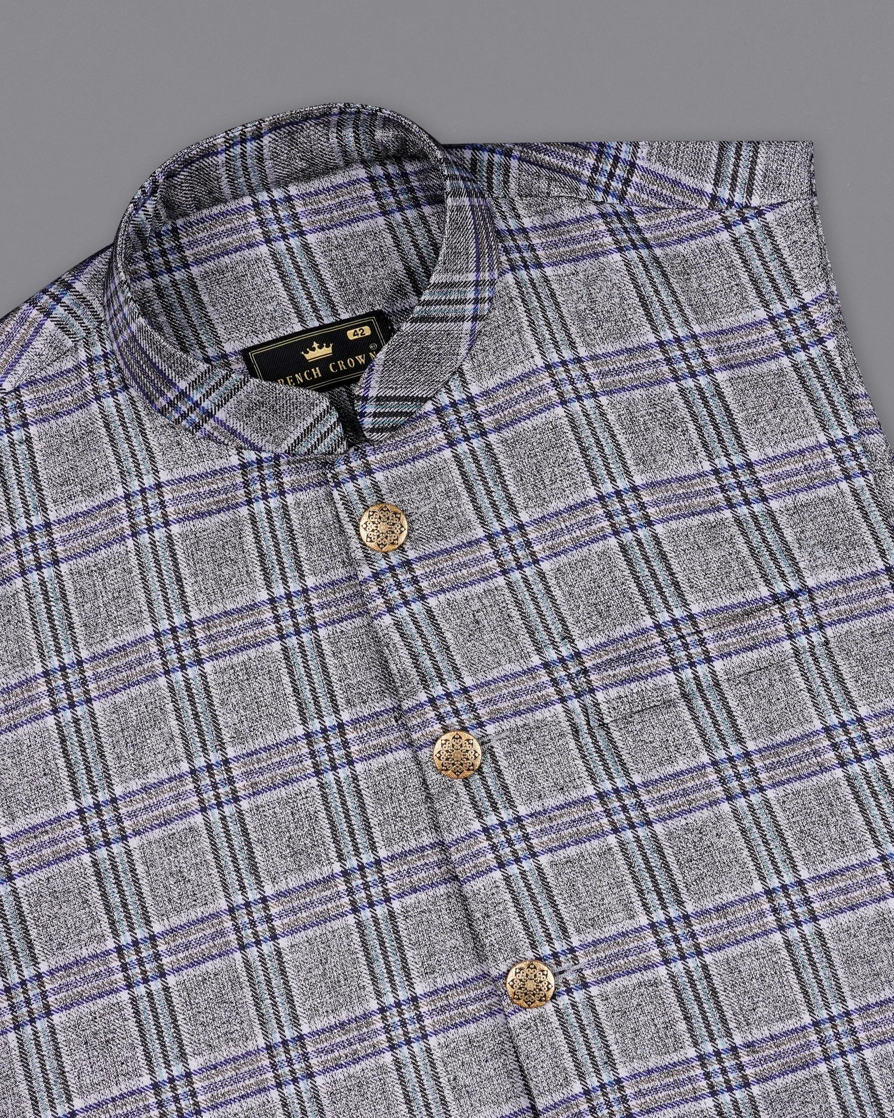StarDust Gray with Martinique Blue Plaid Bandhgala Nehru Jacket