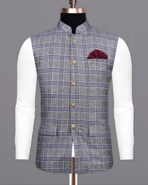 StarDust Gray with Martinique Blue Plaid Bandhgala Nehru Jacket