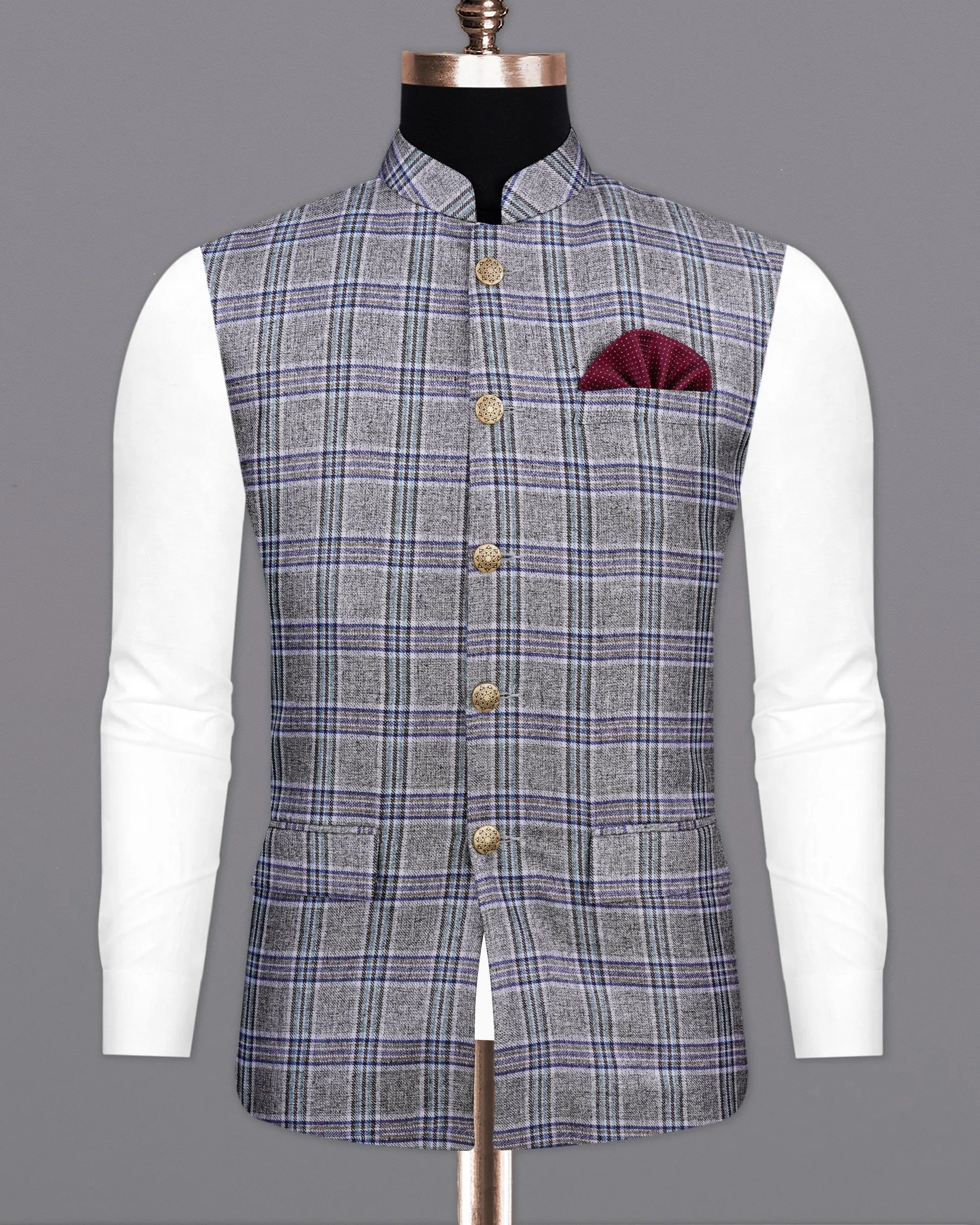StarDust Gray with Martinique Blue Plaid Bandhgala Nehru Jacket