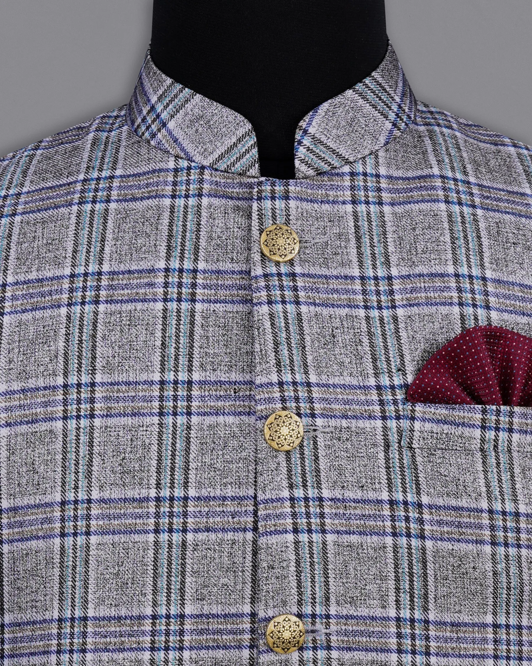 StarDust Gray with Martinique Blue Plaid Bandhgala Nehru Jacket