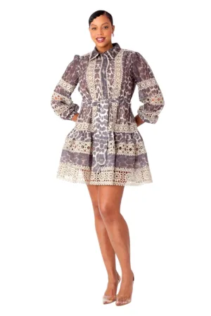 Stylish Leopard-Print Lace Trim Dress- 82800