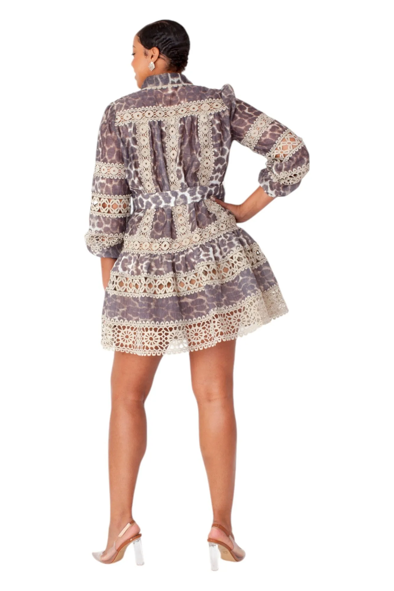 Stylish Leopard-Print Lace Trim Dress- 82800