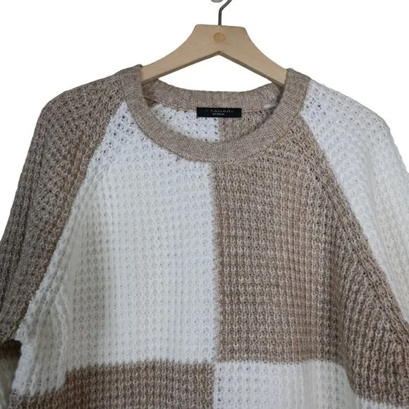 T Tahari Womens 2X Checker Board Pullover Sweater in Camel and Ivory NEW
