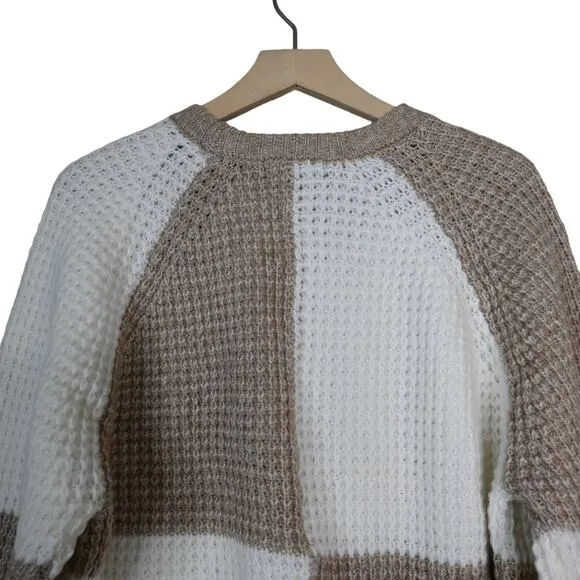 T Tahari Womens 2X Checker Board Pullover Sweater in Camel and Ivory NEW