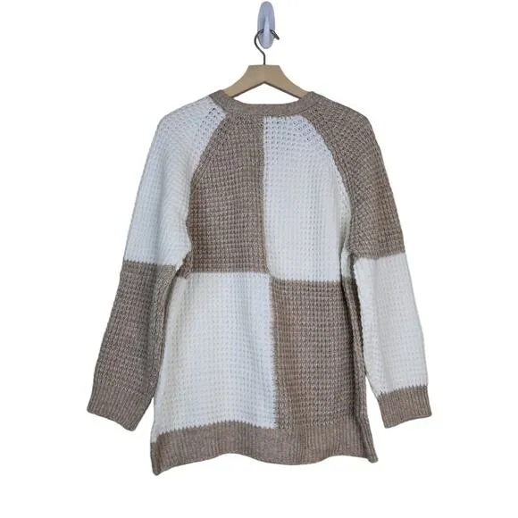 T Tahari Womens 2X Checker Board Pullover Sweater in Camel and Ivory NEW
