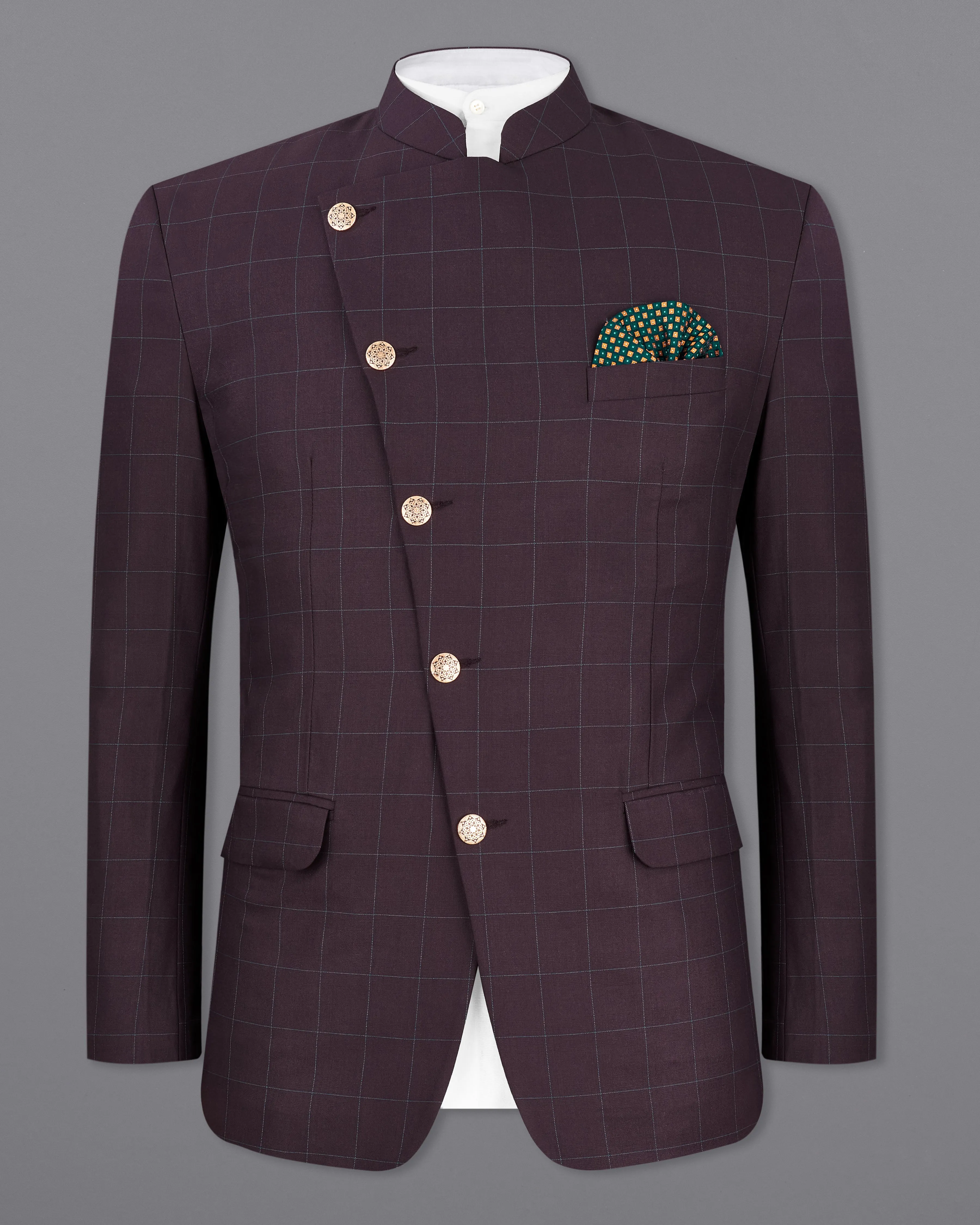 Thunder Maroon Windowpane Cross Buttoned Bandhgala Blazer