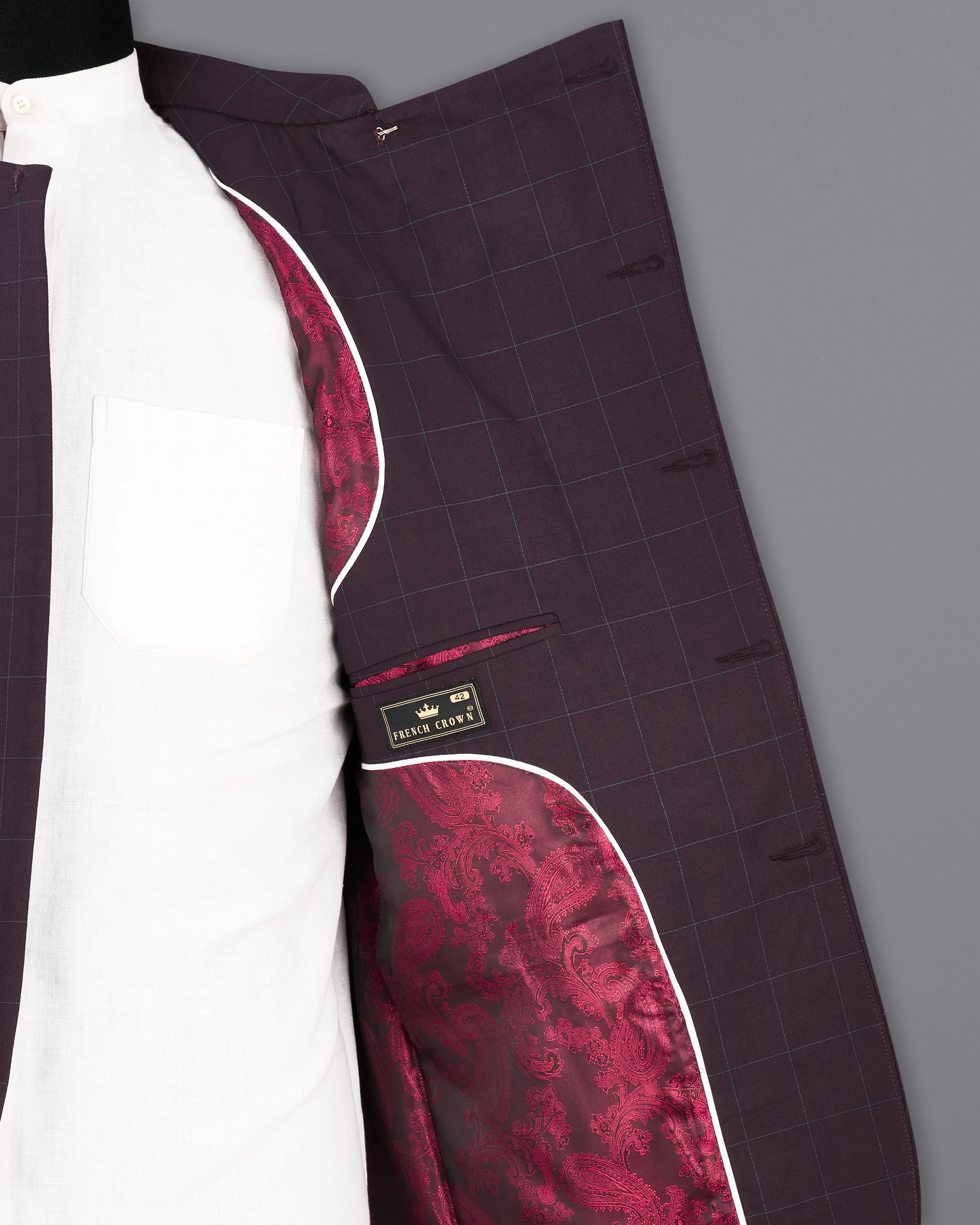Thunder Maroon Windowpane Cross Buttoned Bandhgala Blazer
