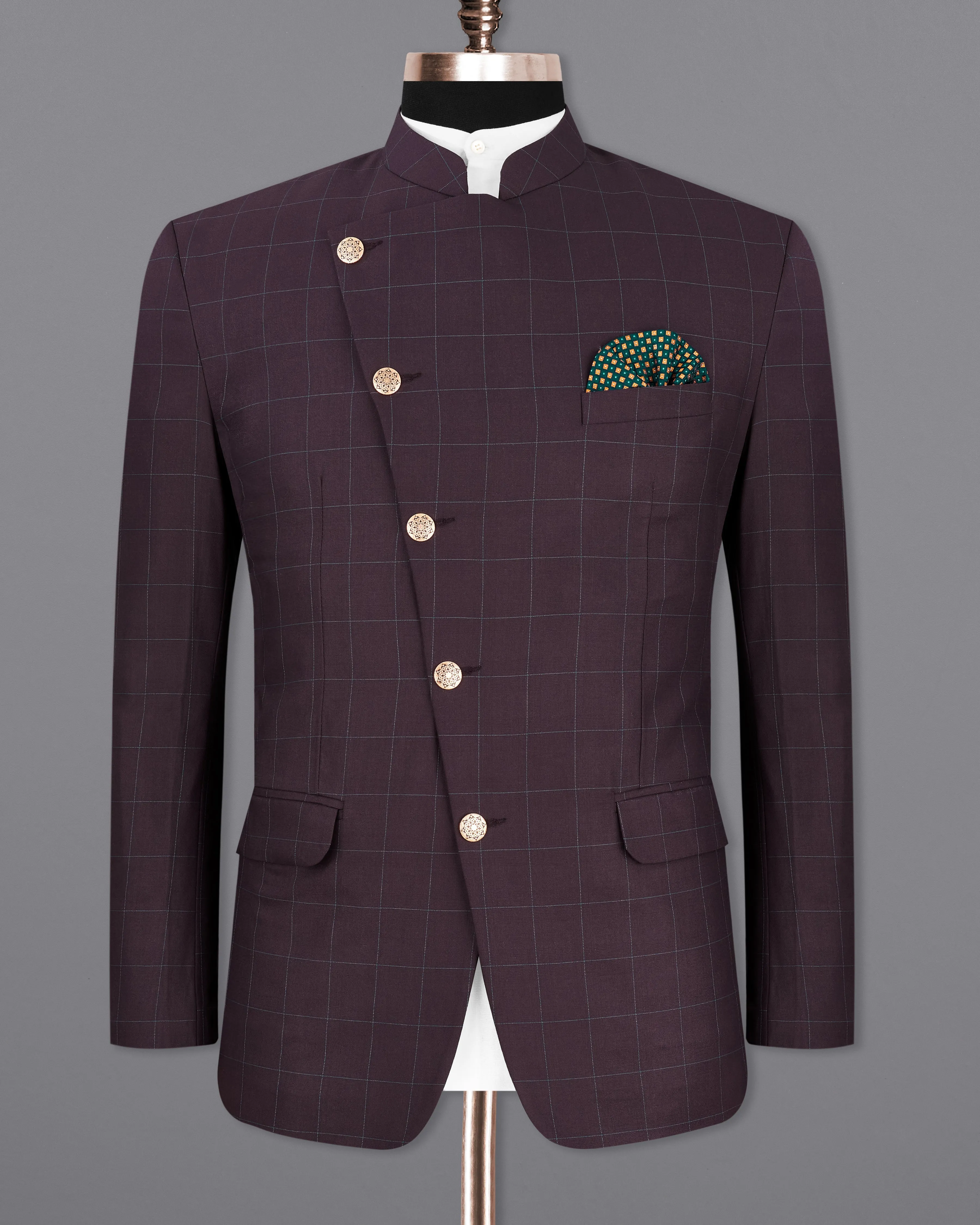 Thunder Maroon Windowpane Cross Buttoned Bandhgala Blazer