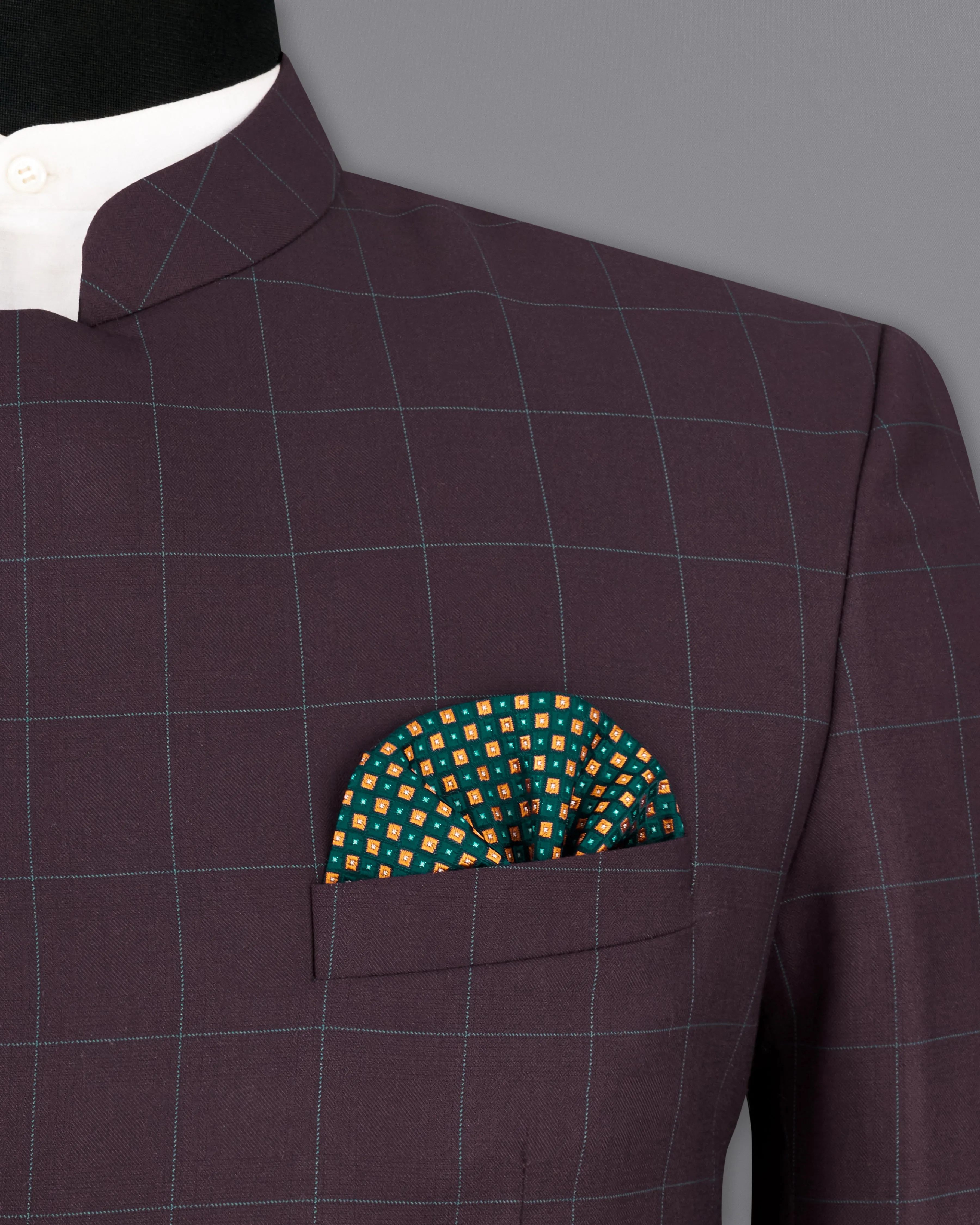 Thunder Maroon Windowpane Cross Buttoned Bandhgala Blazer