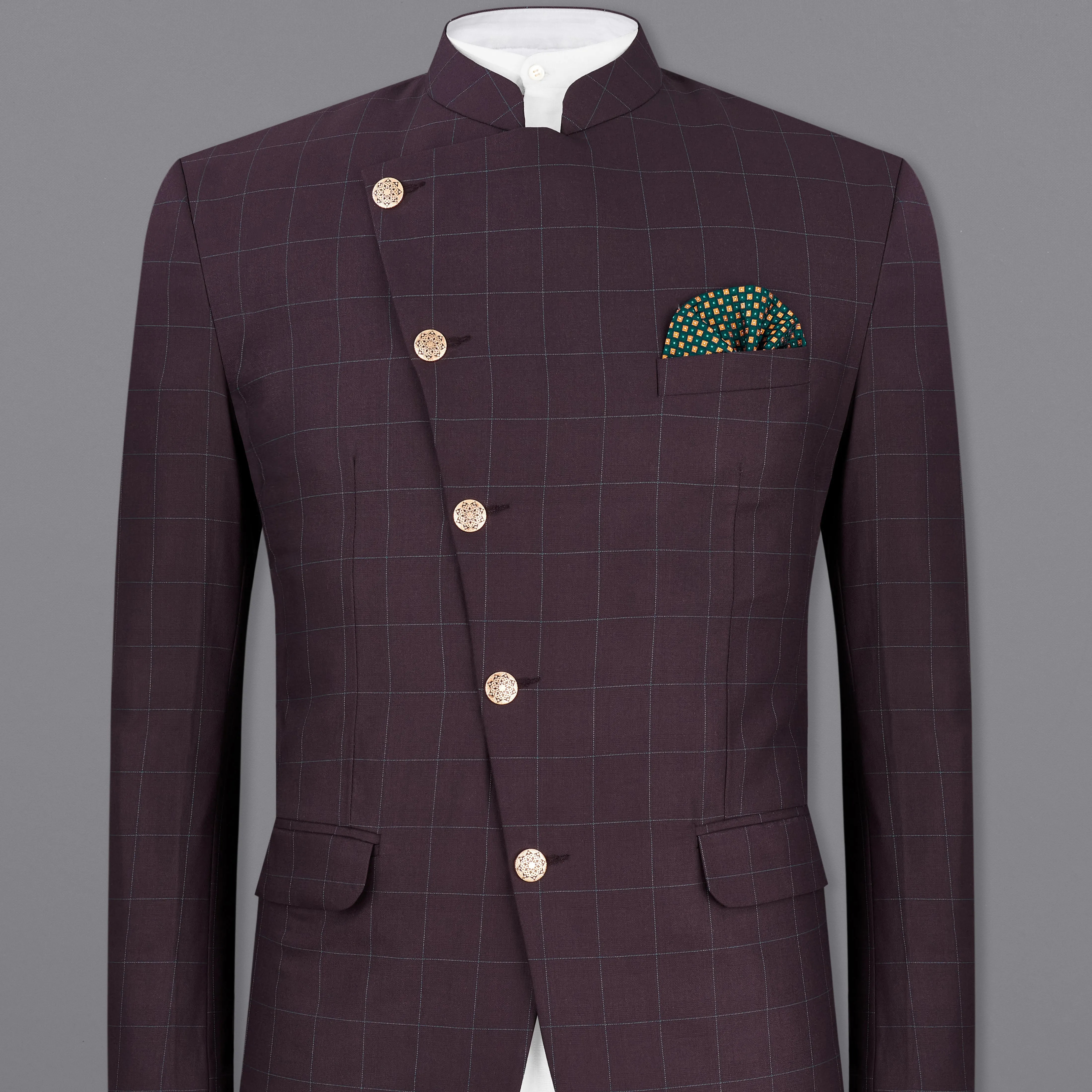 Thunder Maroon Windowpane Cross Buttoned Bandhgala Blazer