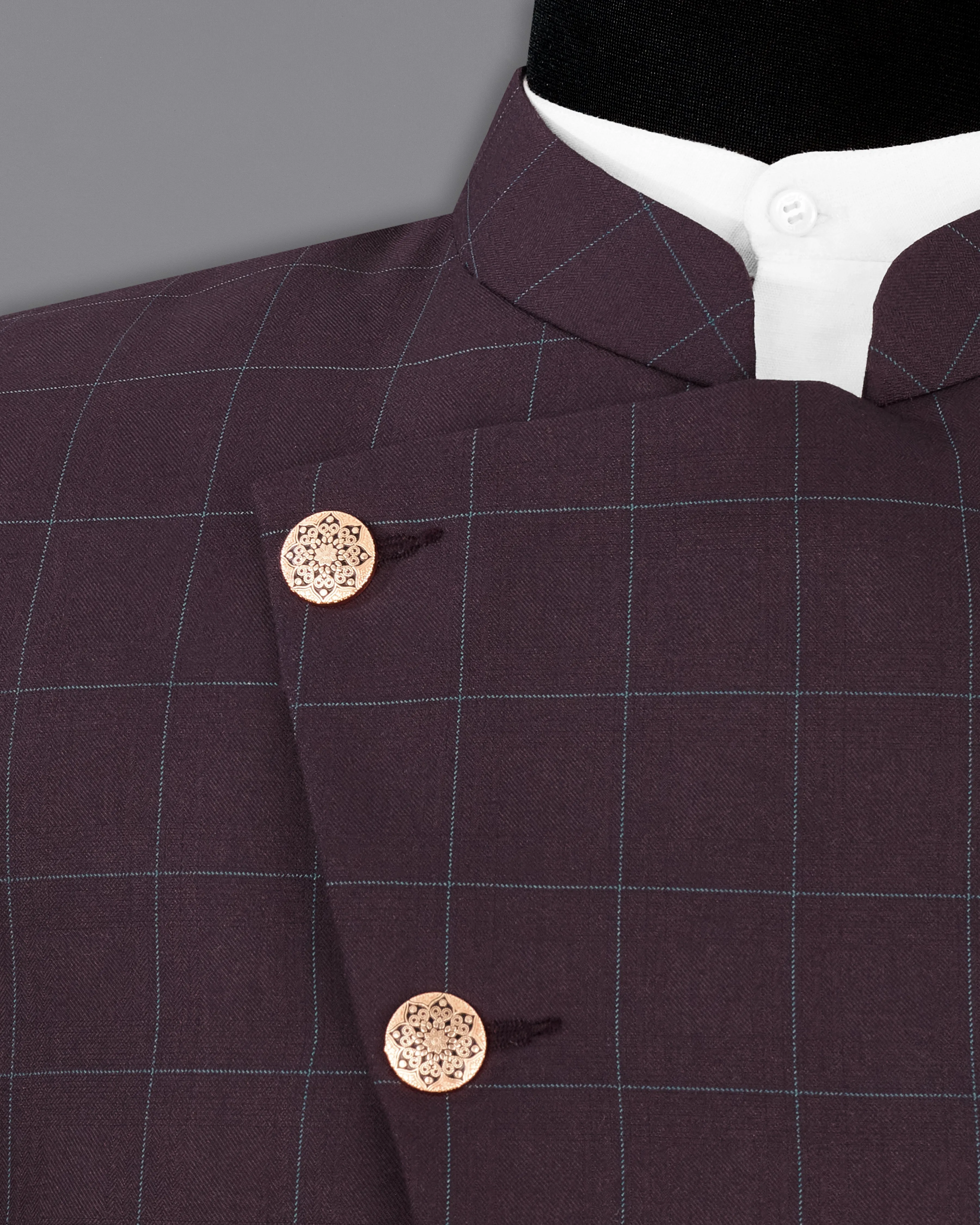Thunder Maroon Windowpane Cross Buttoned Bandhgala Blazer