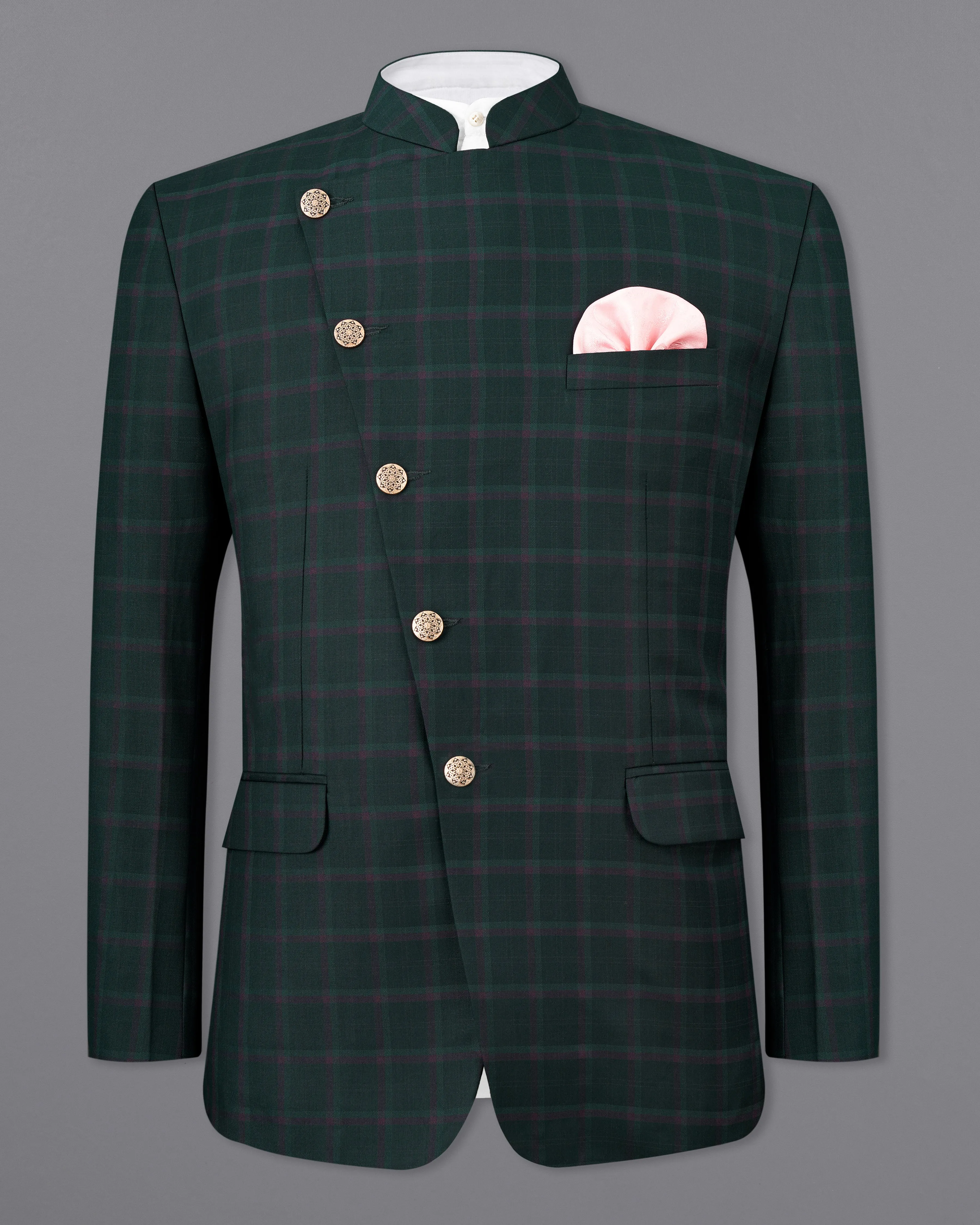 Timber Green Plaid Cross-Buttoned Bandhgala Blazer