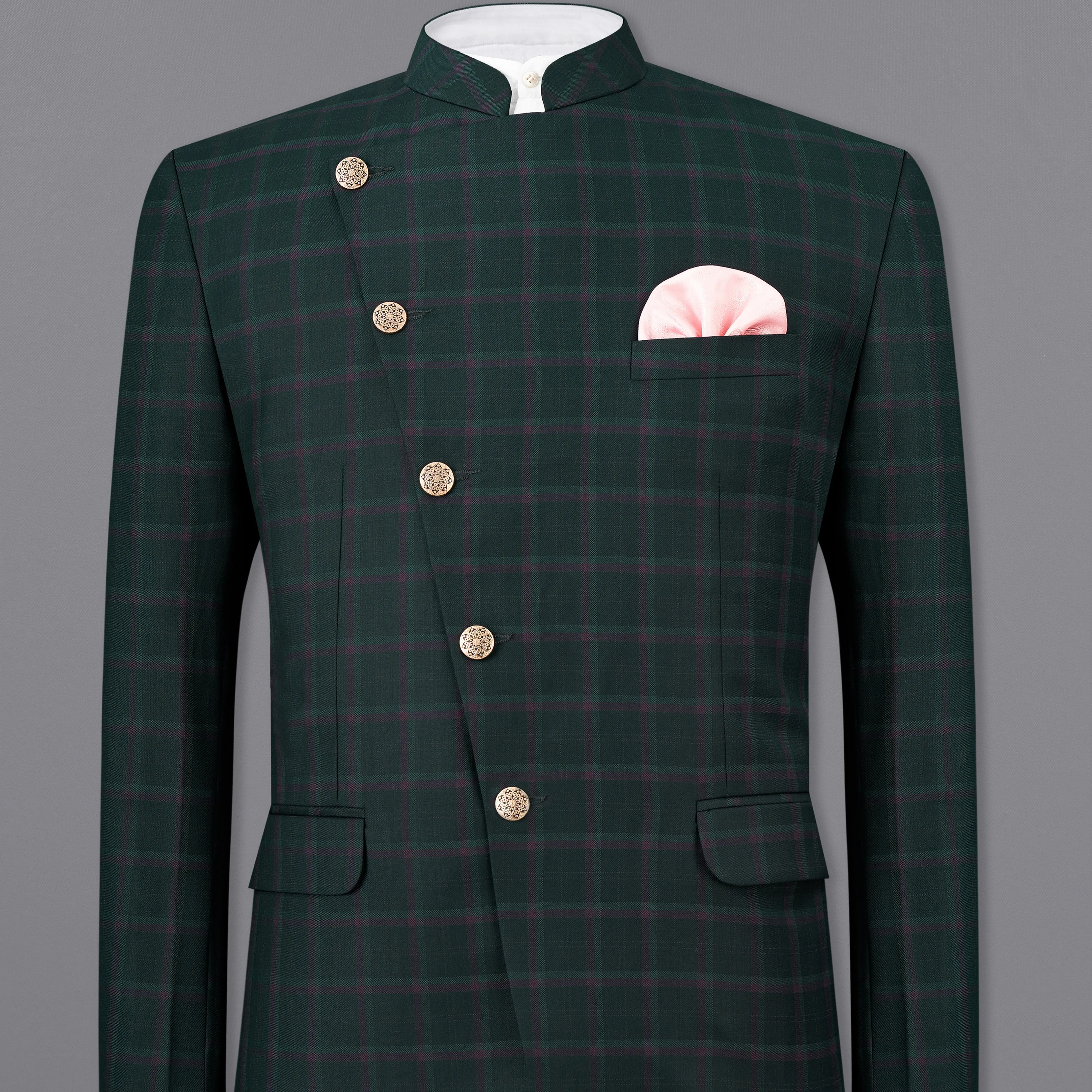 Timber Green Plaid Cross-Buttoned Bandhgala Blazer