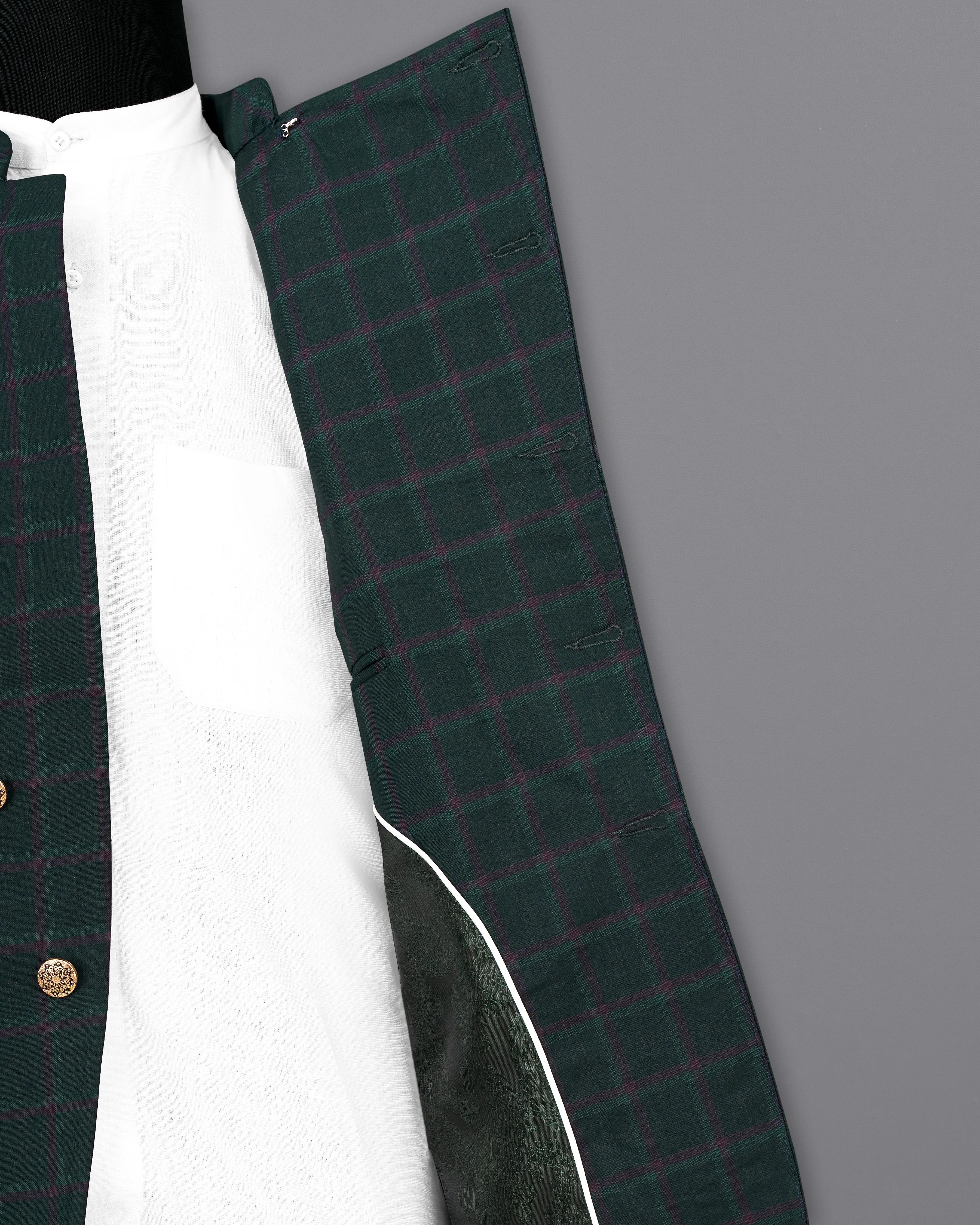 Timber Green Plaid Cross-Buttoned Bandhgala Blazer