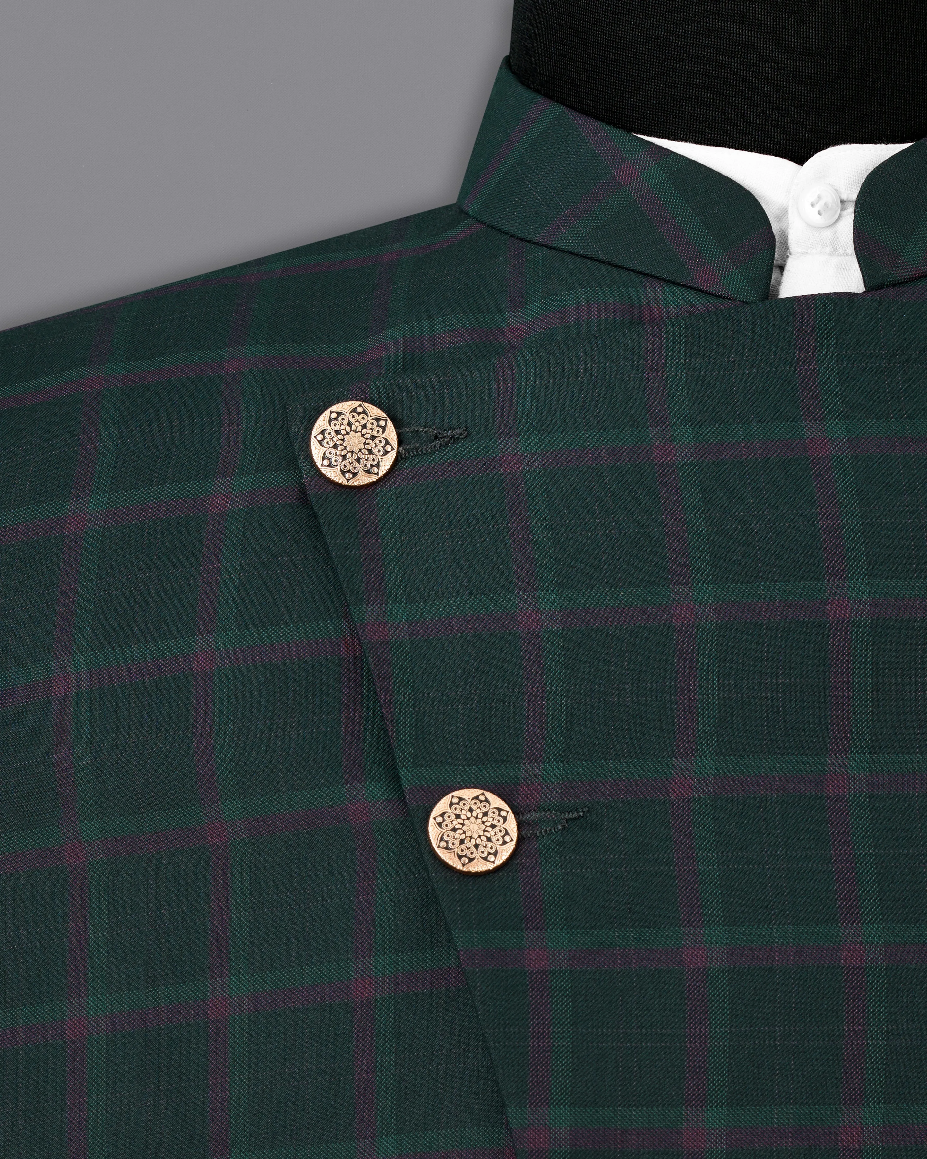 Timber Green Plaid Cross-Buttoned Bandhgala Blazer