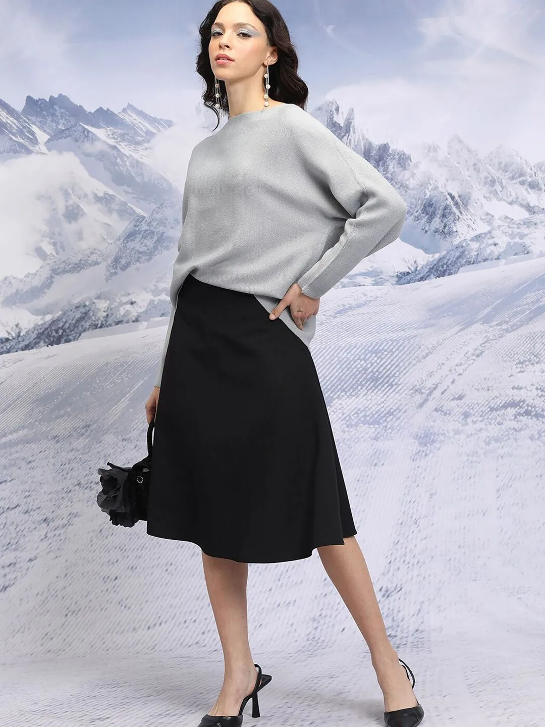 Tokyo Talkies Grey Boat Neck Acrylic Pullover