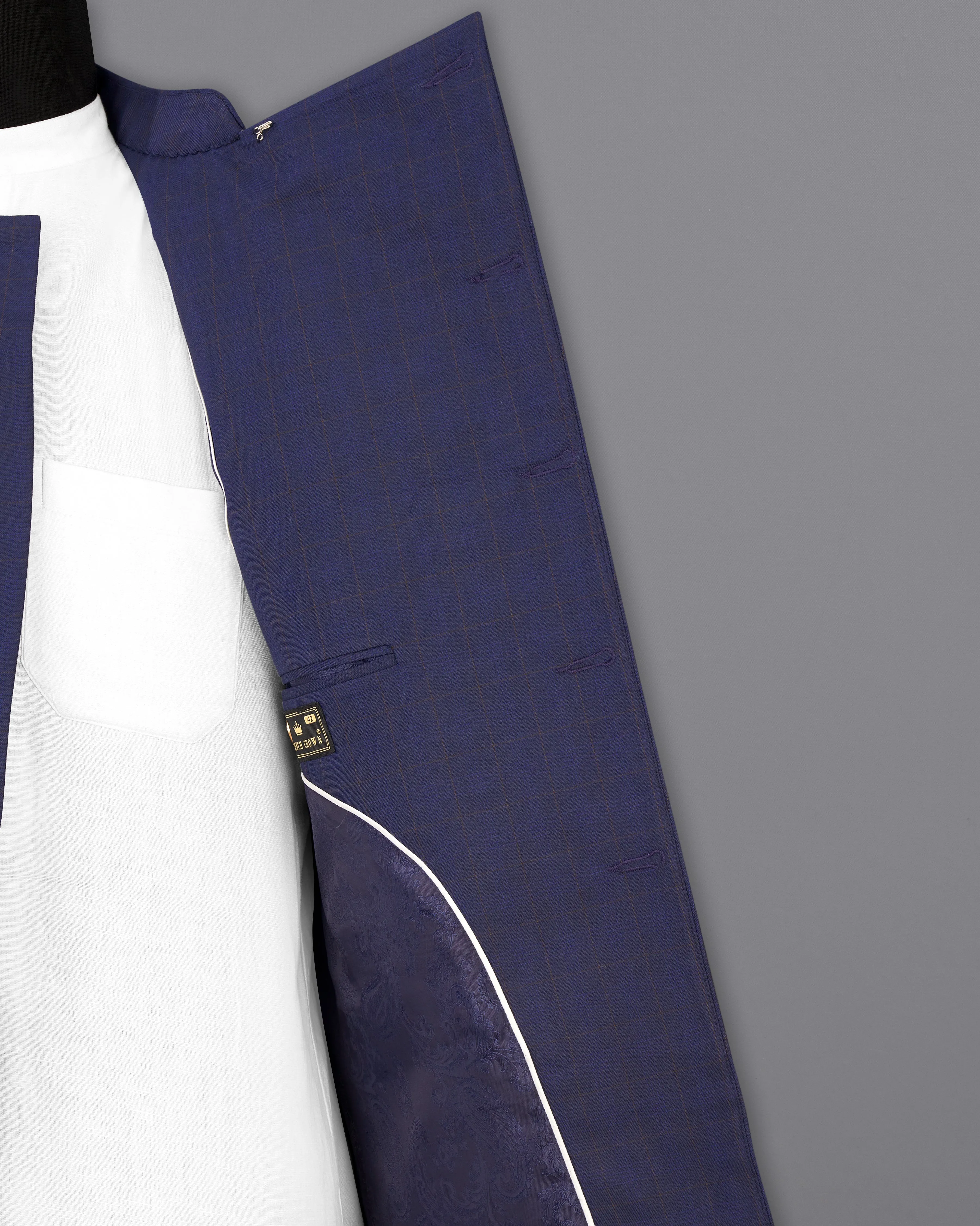 Tuna Blue Windowpane Cross Buttoned Bandhgaala Blazer