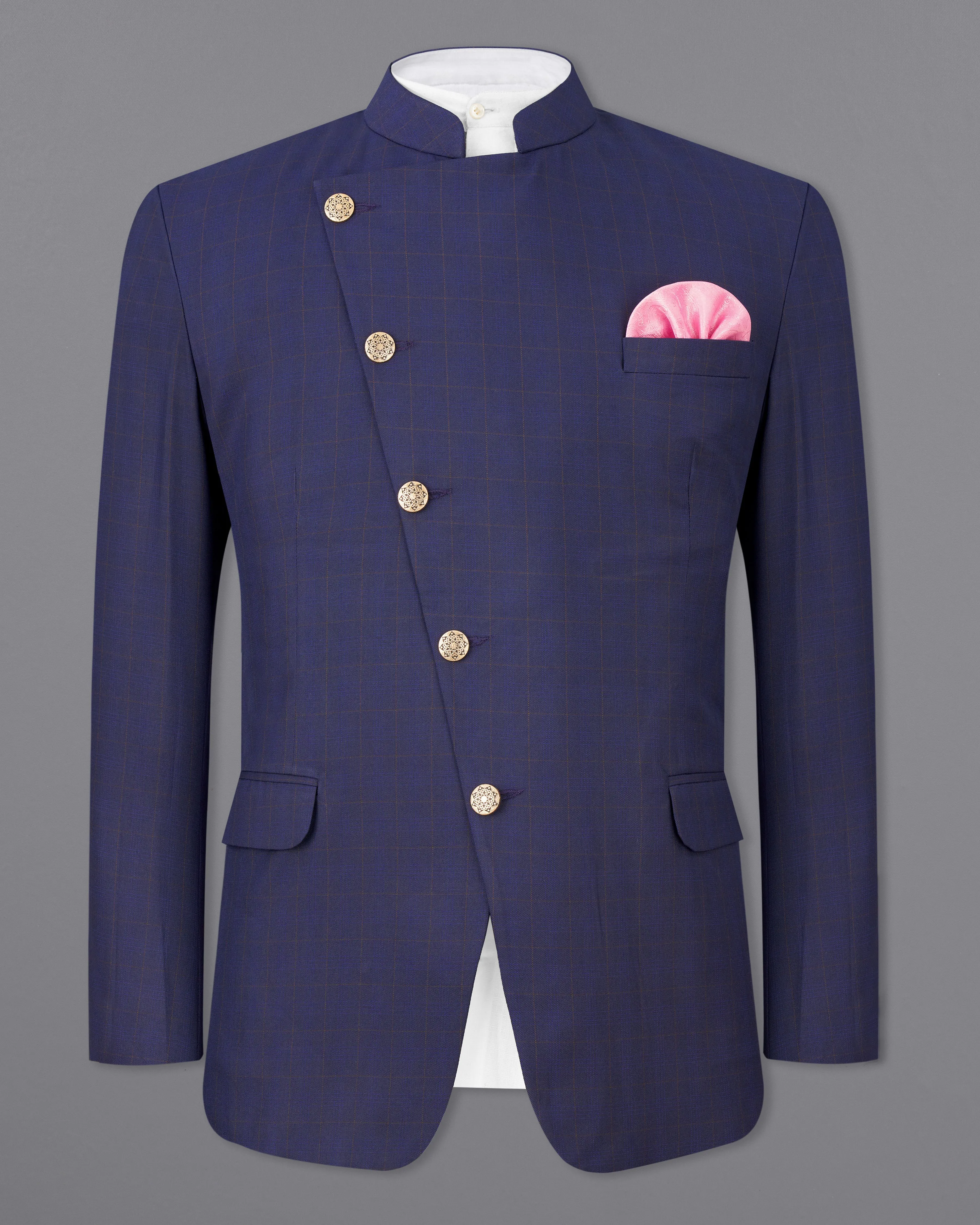 Tuna Blue Windowpane Cross Buttoned Bandhgaala Blazer