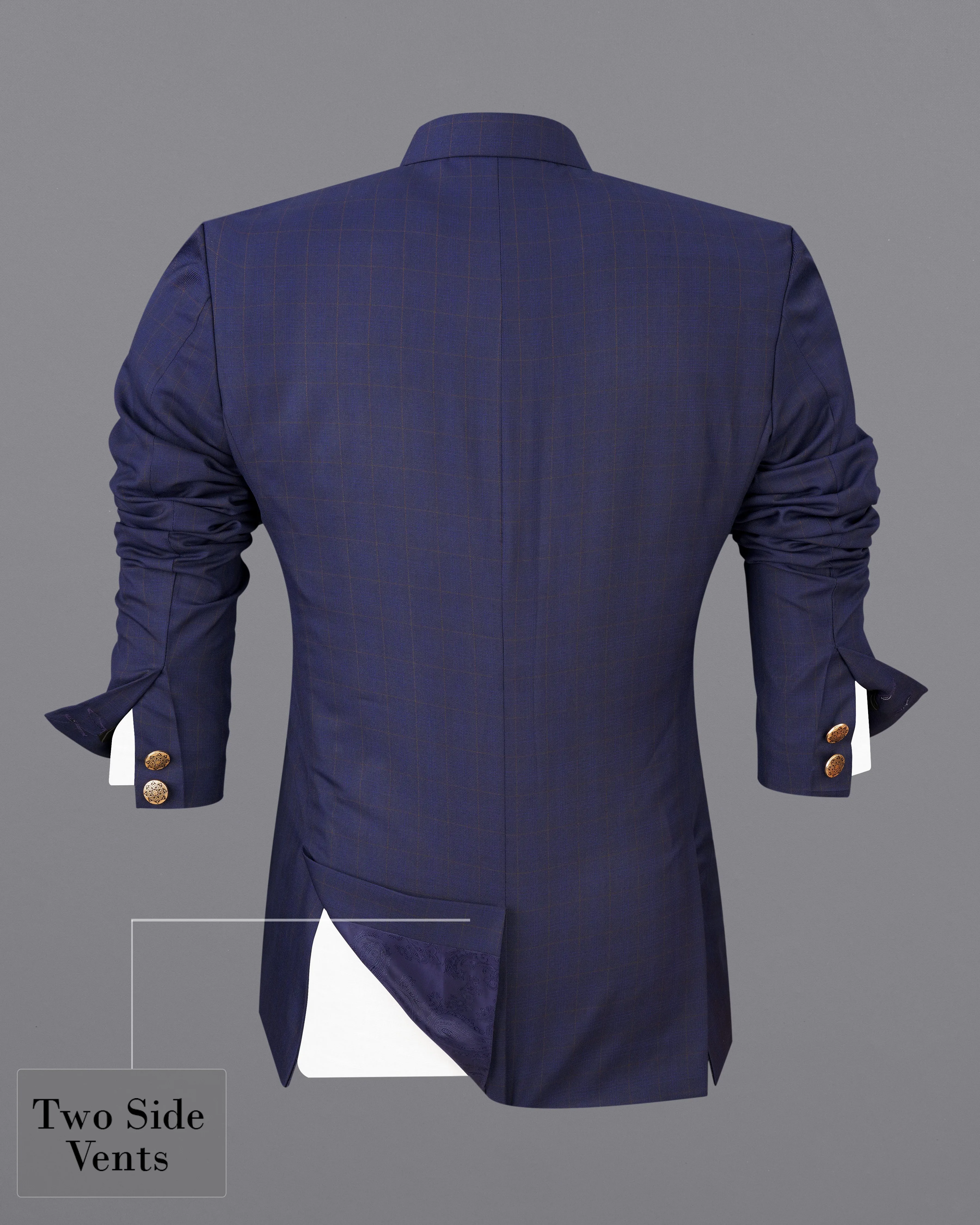 Tuna Blue Windowpane Cross Buttoned Bandhgaala Blazer