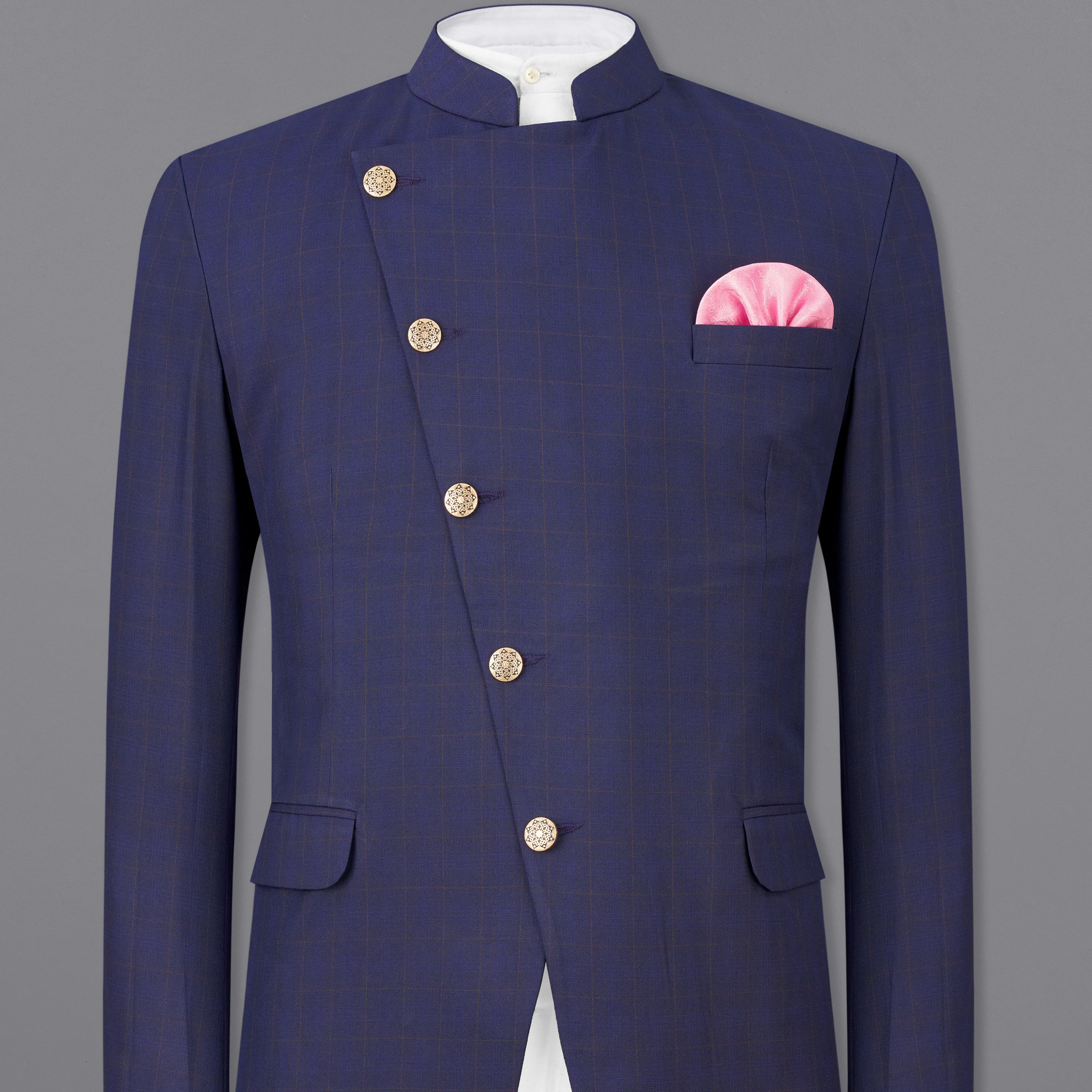 Tuna Blue Windowpane Cross Buttoned Bandhgaala Blazer