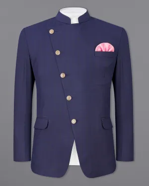 Tuna Blue Windowpane Cross Buttoned Bandhgaala Blazer