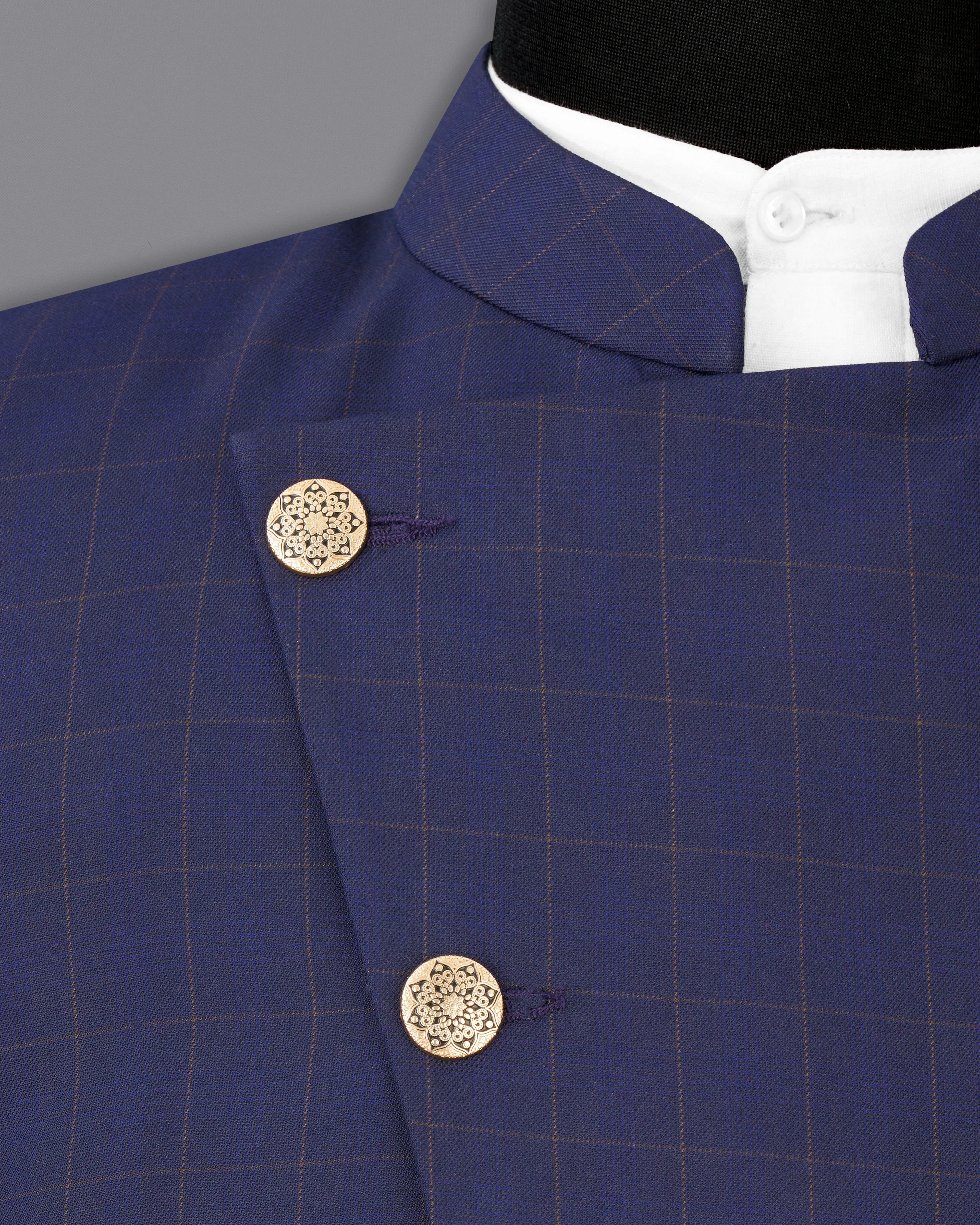 Tuna Blue Windowpane Cross Buttoned Bandhgaala Blazer