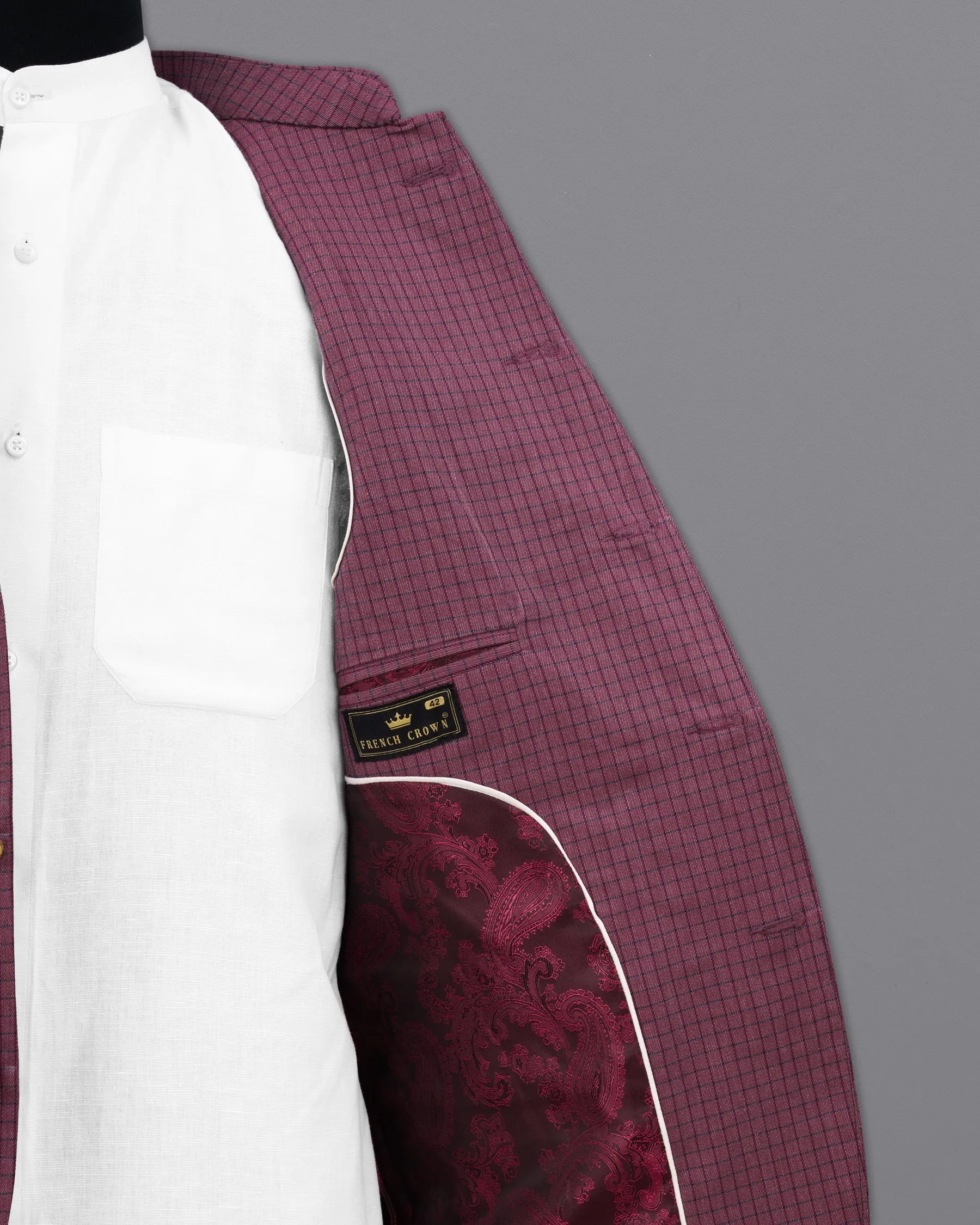 Tuscan Pink Gingham Premium Cotton Bandhgala Designer Blazer