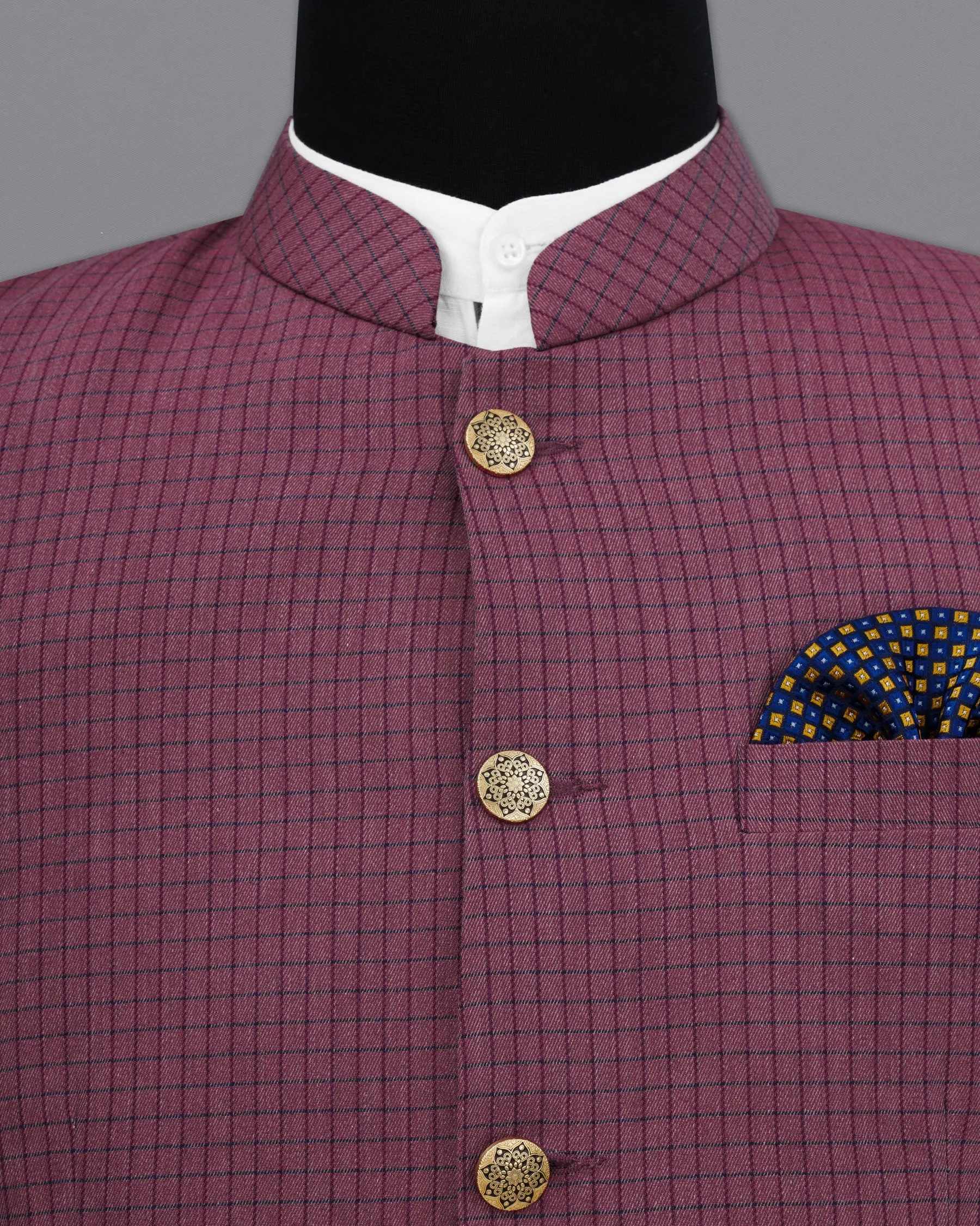 Tuscan Pink Gingham Premium Cotton Bandhgala Designer Blazer