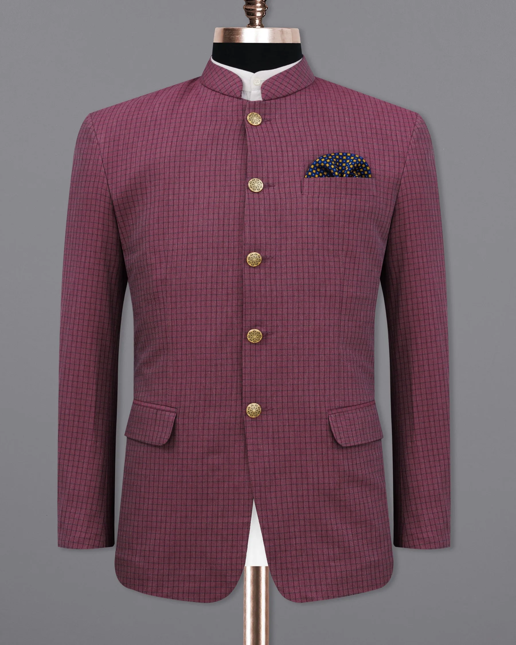 Tuscan Pink Gingham Premium Cotton Bandhgala Designer Blazer