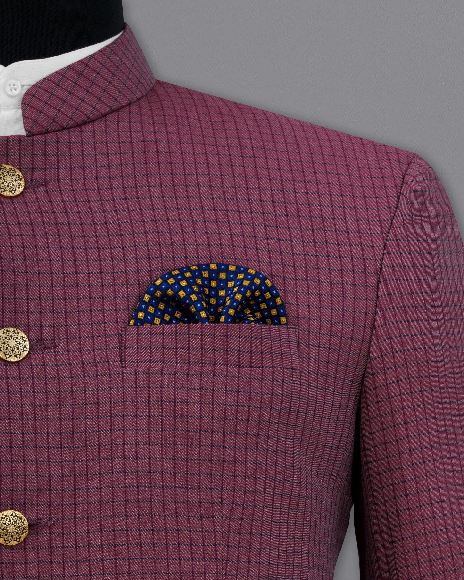 Tuscan Pink Gingham Premium Cotton Bandhgala Designer Blazer