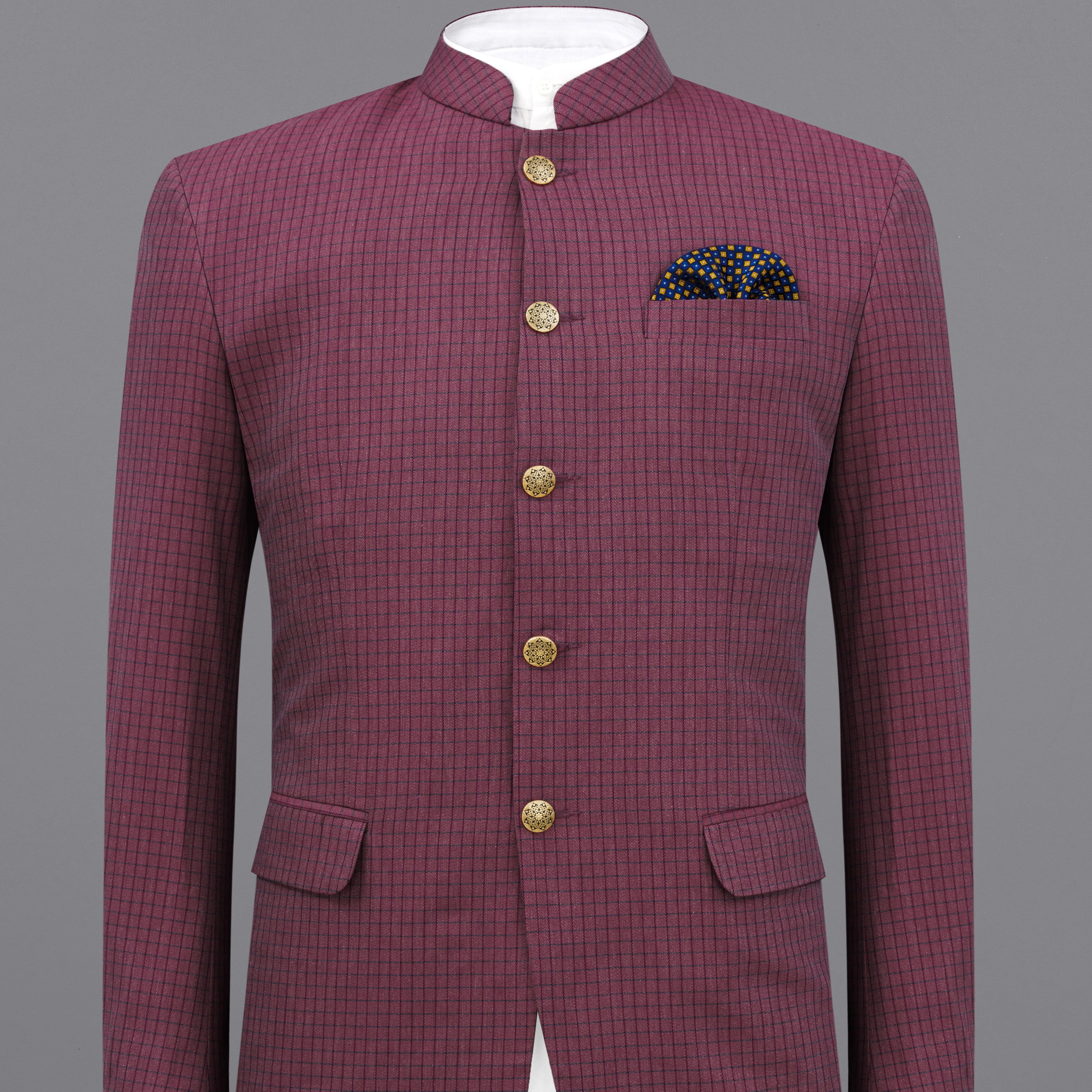 Tuscan Pink Gingham Premium Cotton Bandhgala Designer Blazer