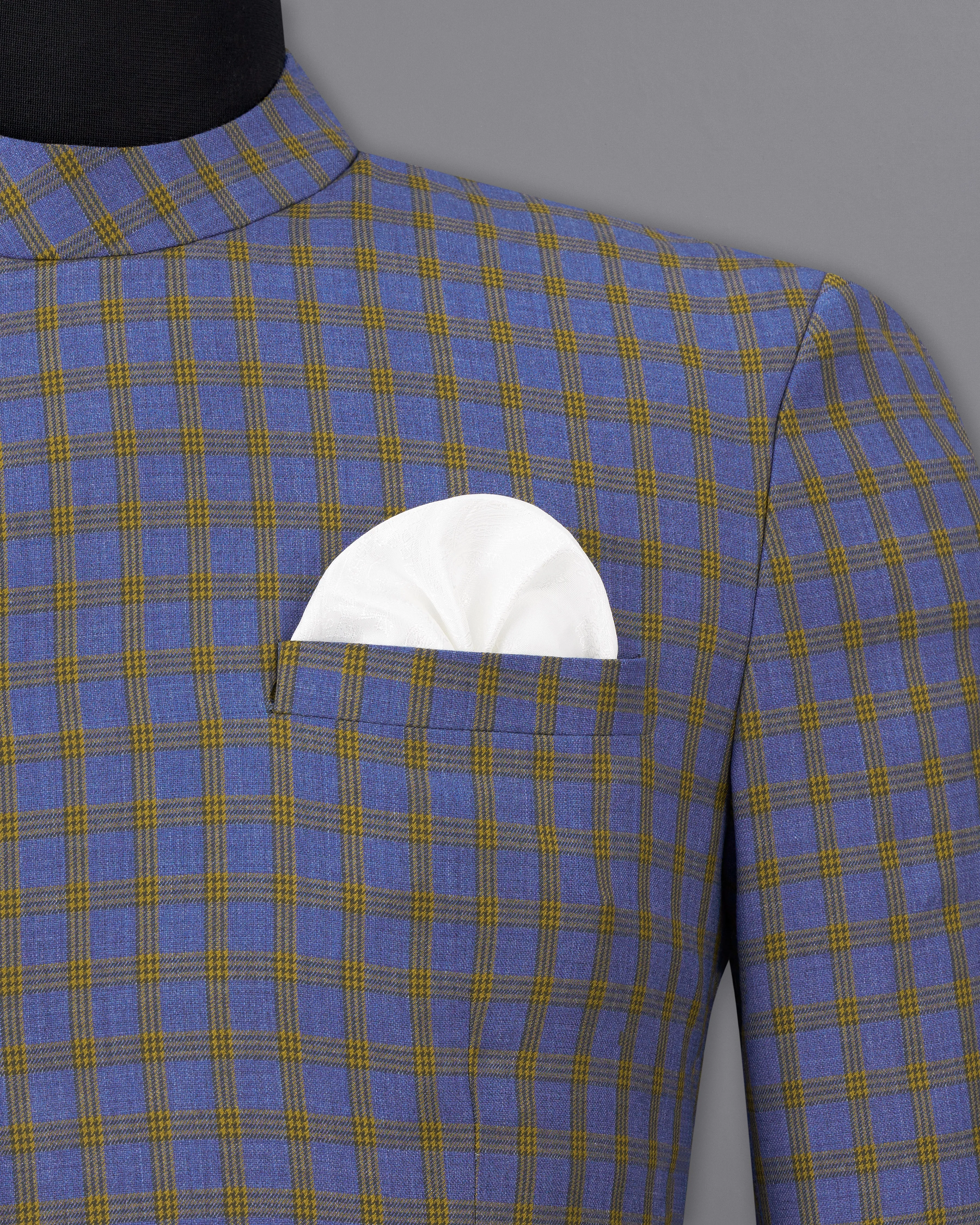 Twilight Blue with Alpine Brown Plaid Cross Buttoned Bandhgala Blazer