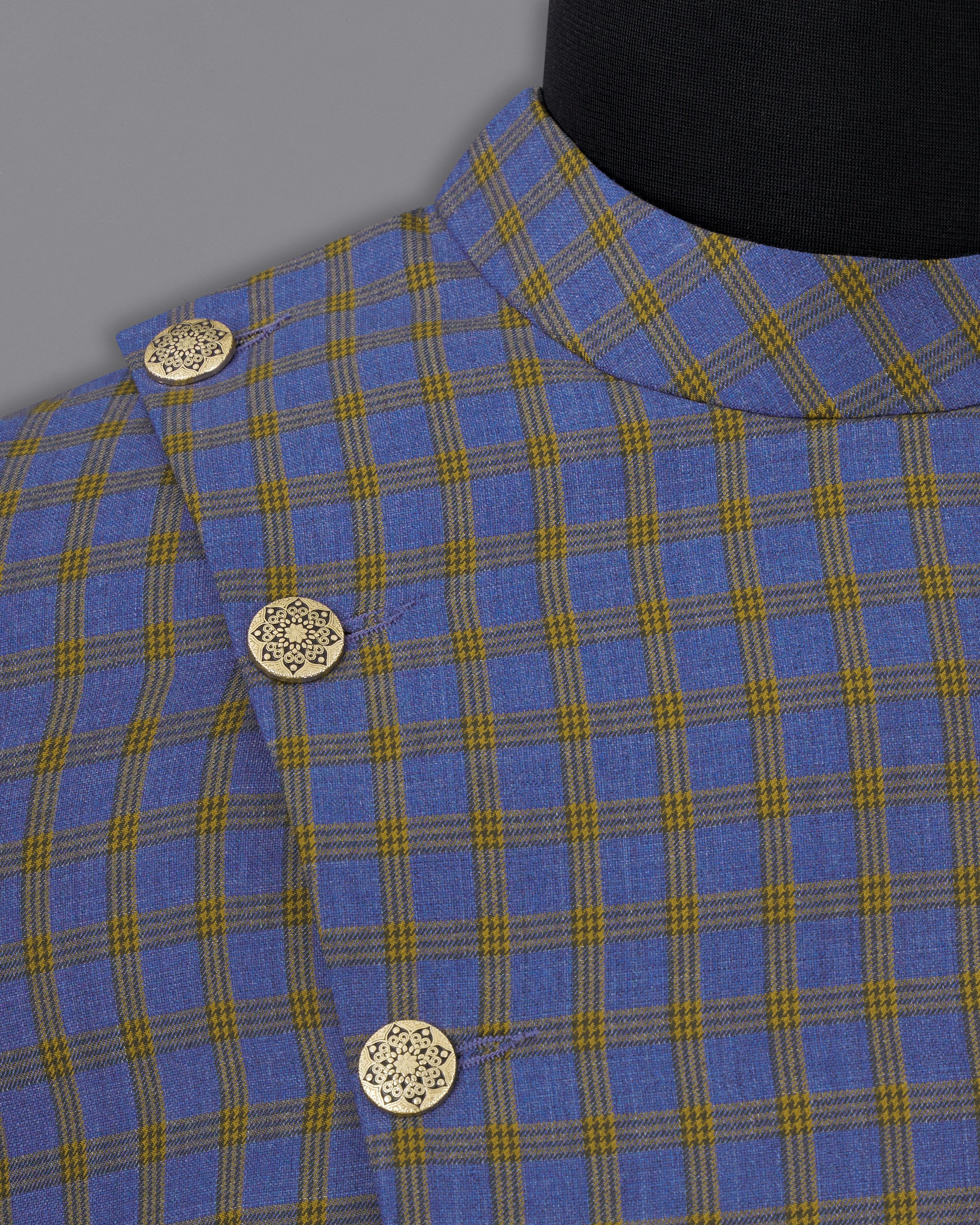 Twilight Blue with Alpine Brown Plaid Cross Buttoned Bandhgala Blazer